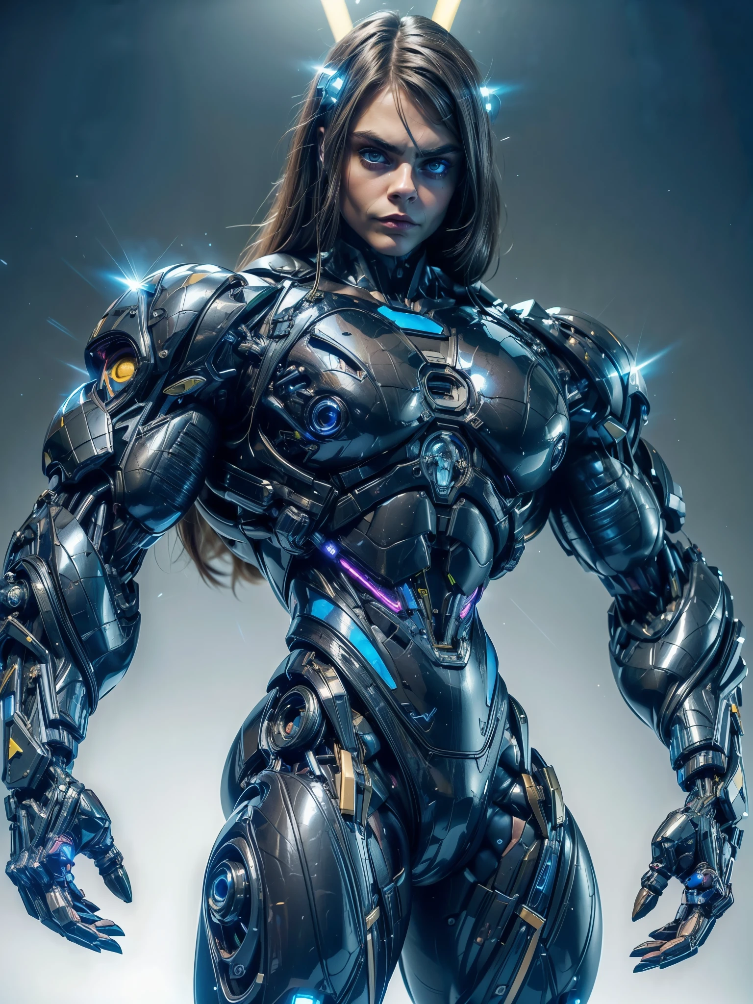 (1 girl), (cara delevingne), (muscular bodybuilder android girl wearing a tight cybernetic bodysuit :1.45), (long hair), (muscular cybernetic bodysuit), (huge oversized arms:1.25), blank background