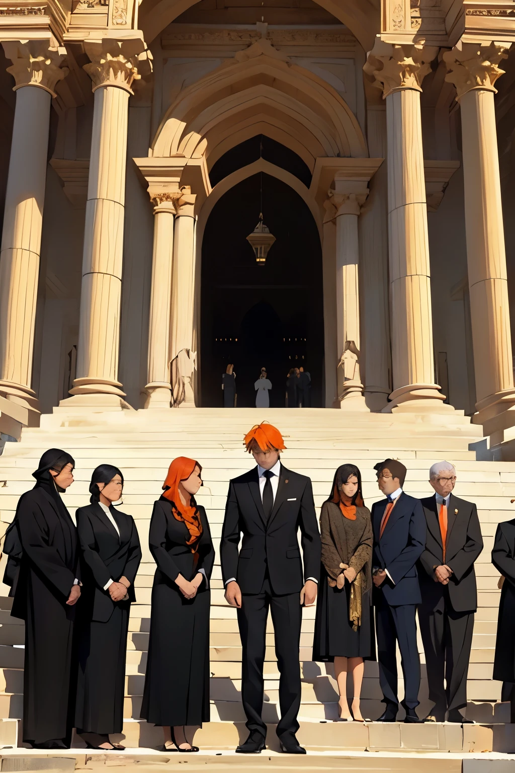 a group of 16-year-old people gathered with orange hair, black and orange suits, elegant but going to a funeral, they are sad and crying, in the background you can see an elegant Arab city with pyramids and gardens