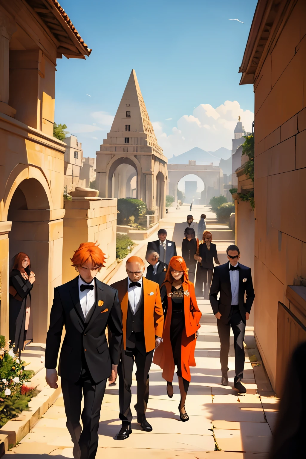 a group of 16-year-old people gathered with orange hair, black and orange suits, elegant but going to a funeral, they are sad and crying, in the background you can see an elegant Arab city with pyramids and gardens