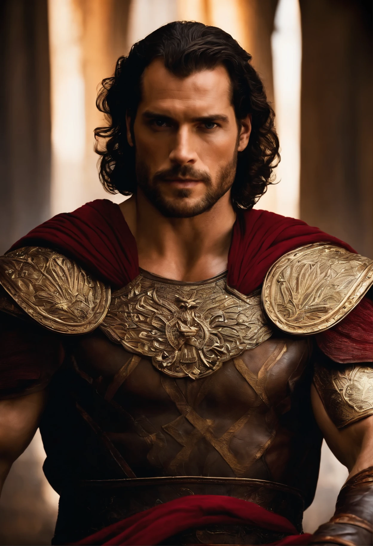 arafed man in a roman costume standing in a prison, in screenshot from the 300 movie, the the man is wrapped in chains, henry cavill as a greek god, 8 k movie still, henry cavill is a greek god, 300 the movie, inspired by Exekias, leading spartans into battle, film still from god of war