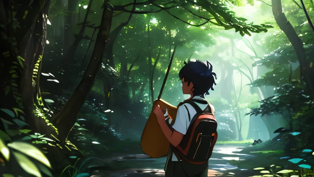 Amidst the lush jati tree forest, a young adventurer stands, their raven-black hair gently tousled by the breeze. With warm brown eyes and an Asian visage, they exude a sense of curiosity and wonder. Clad in a pristine white shirt and brown shorts, they carry a small cream-colored backpack, emblematic of their journey ahead.

As sunlight filters through the dense foliage, dappling the forest floor with golden hues, the adventurer pauses on a winding dirt path. To their left, tufts of wild grass and fallen jati leaves carpet the forest floor, adding to the enchanting atmosphere. The camera, positioned slightly below eye level, captures the adventurer at the center of the frame, perfectly encapsulating their spirit of exploration.

Rendered in the enchanting style of Studio Ghibli, this scene invites viewers to embark on a magical journey alongside the diminutive protagonist, weaving through the verdant depths of nature's embrace.


