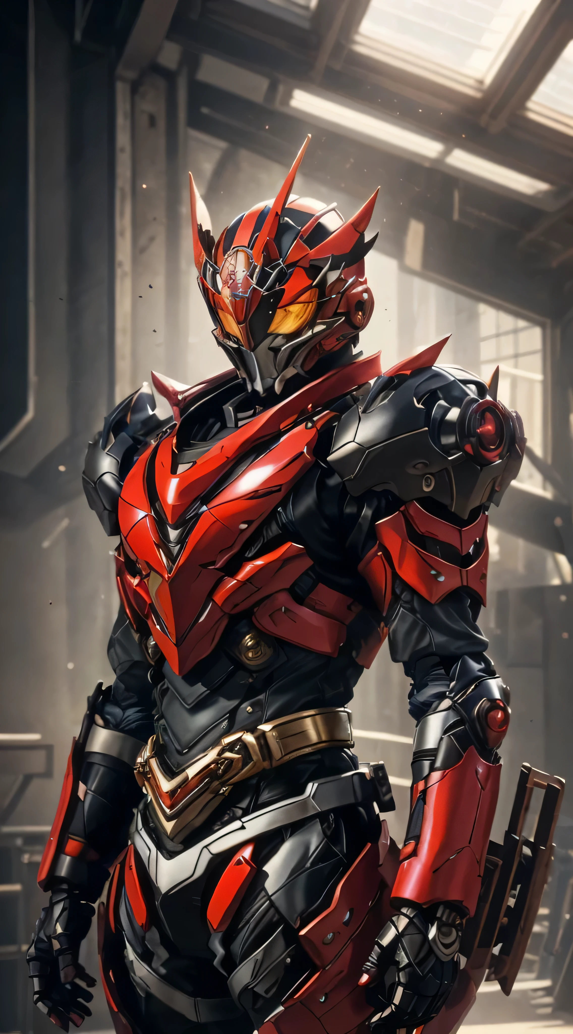 A man wearing a full-face helmet that covers most of his face, adorned in a biomimetic fantasy-style armor, the predominant black color is accented with red textures in the design this character embodies a finely crafted fantasy-style armored warrior design in anime, ((character concept art)), full body character drawing, high definition, best quality, ultra-detailed, extremely delicate, anatomically correct, symmetrical face, extremely detailed eyes and face, high quality eyes, creativity, RAW photo, UHD, 16k, (Natural light, cinematic lighting, masterpiece:1.5)