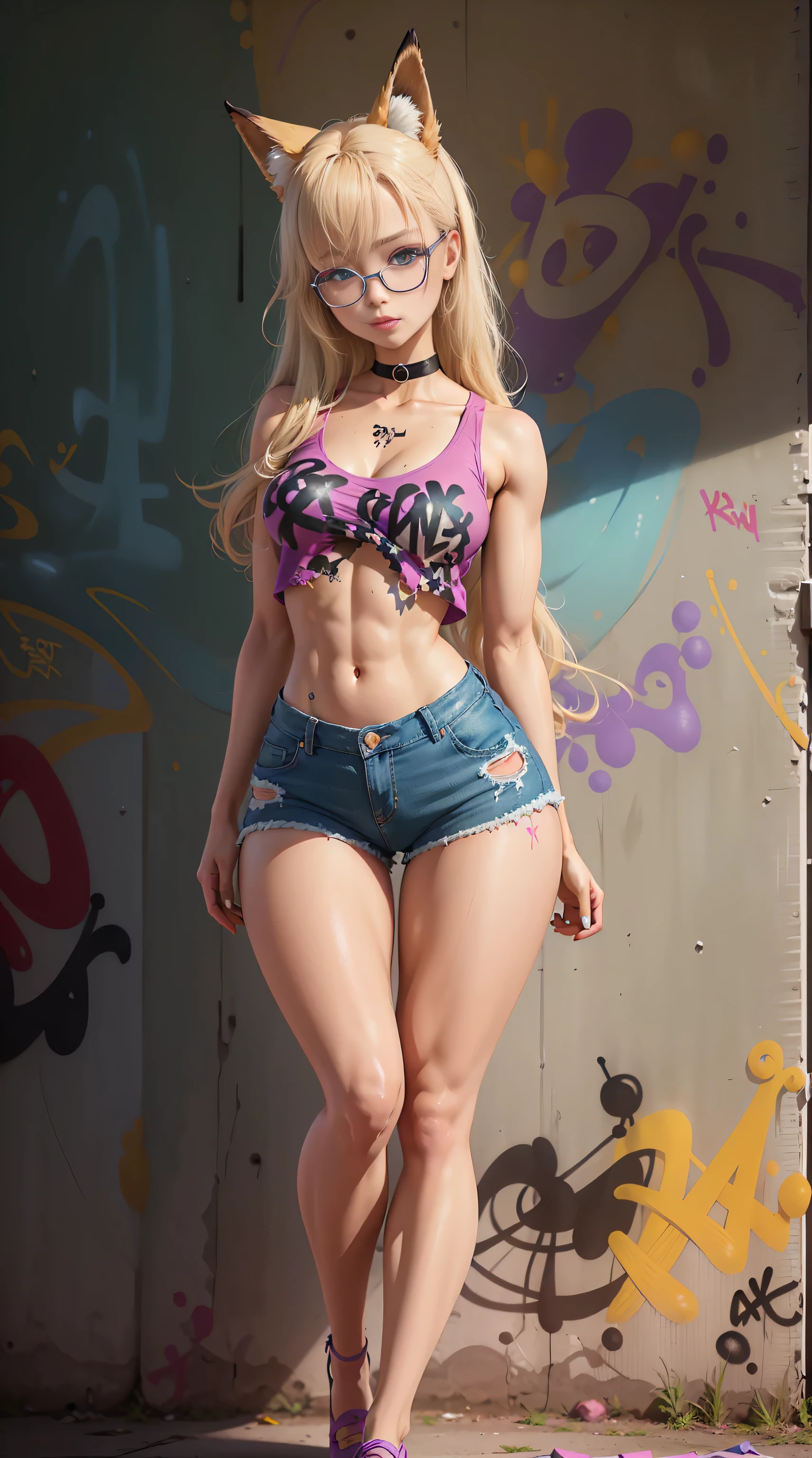 masterpiece, best quality, (extremely detailed CG unity 8k wallpaper, masterpiece, best quality, ultra-detailed, masterpiece, best quality, 1girl, solo, crop top, denim shorts, choker, (graffiti:1.5), paint splatter, arms behind back, against wall, looking at viewer, paint on body, head tilt, blonde hair, purple eyes, anime girl with purple eyes and long blonde hair, fox anime girl, yandere intricate, hourglass figure, xxmix_girl, fullbody, full body, long blonde hair, creating a stunning aesthetic and atmosphere with a rating of 1.2., xxmix girl woman, fox ears, asian american, purple eyes, cool pose, with toned muscular abs, glasses on her face, 1 fox tail coming from behind her, muscular, long legs, legs, full-body_, full-body_portrait, full-length_portrait, full, mature girl, adult, ((glasses)), skinny, skinny legs, 1 girl, sexy, rha30, (full body), (fox ears), Thick Thighs, Thigh Gap, Wide Hips, Thin Waist, csr style, sexy, high_res, high_resolution, hires, 