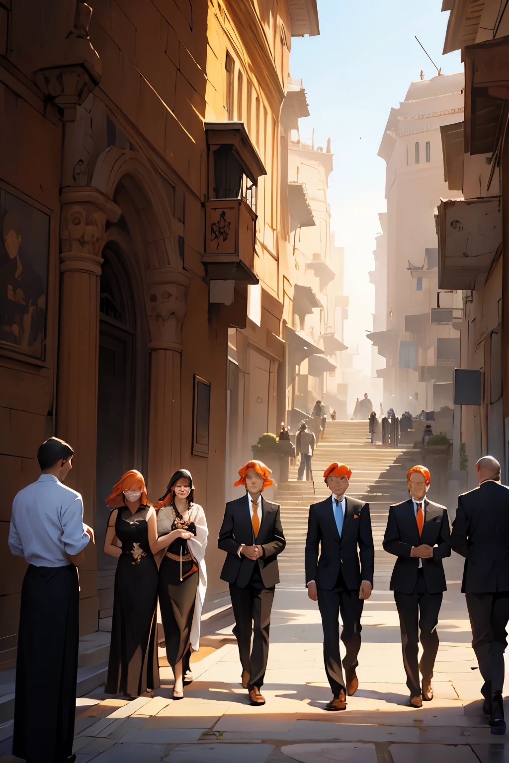 a group of -yeld pee gathered with orange hair, black and orange suits, elegant but going to a funeral, they are sad and crying, in the background you can see an elegant Arab city with pyramids and gardens