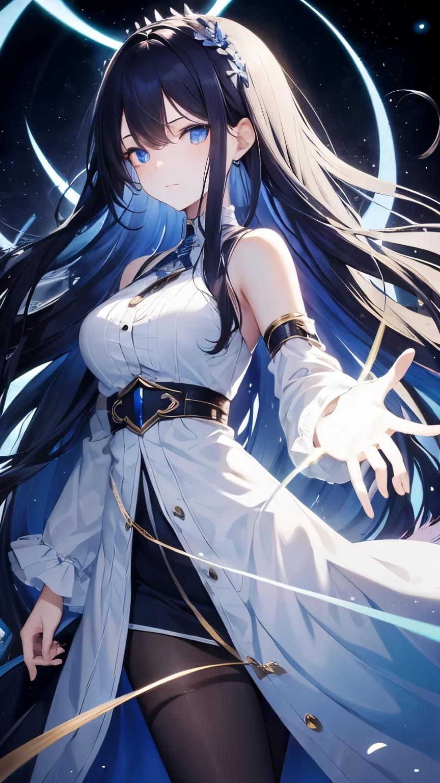 1girl, dark blue hair, long braided hair, beautiful eyes, holding a light, focus, lens flare, a princess knight, beautiful eyes, high contrast, detailed shadows, white crown, ((standing in the darkness void)), anime art style