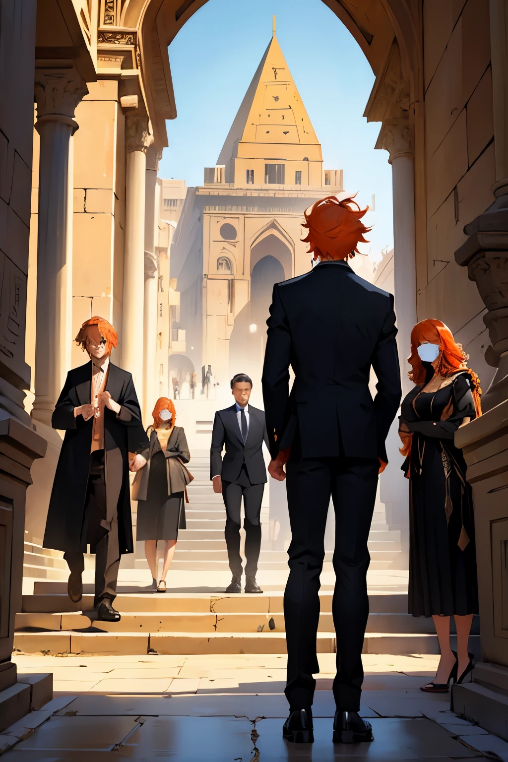 a group of 16-year-old people gathered with orange hair, black and orange suits, elegant but going to a funeral, they are sad and crying, in the background you can see an elegant Arab city with pyramids and gardens