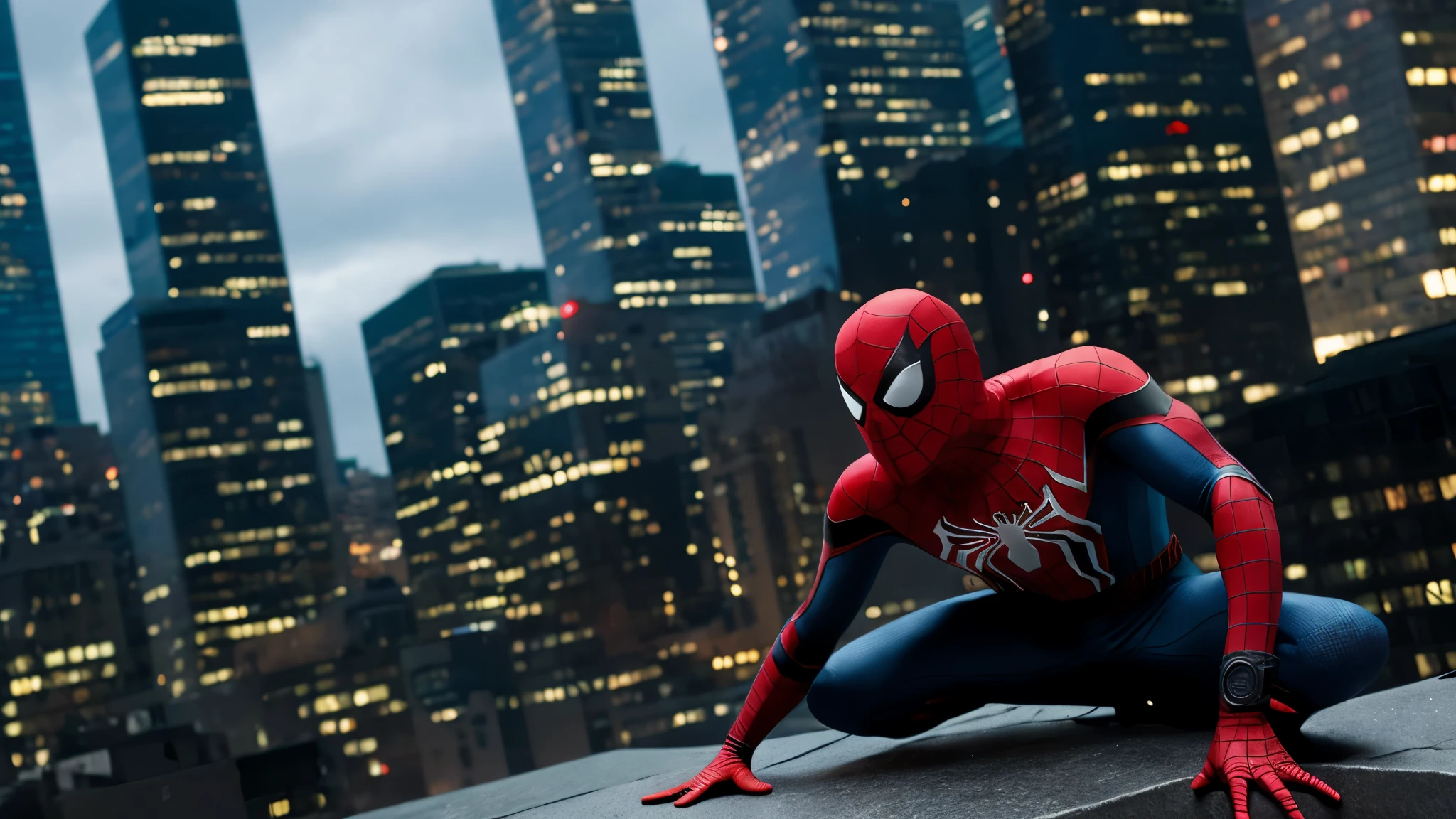 Develop a high-quality image with artificial intelligence, with advanced levels of detail and cinematic style. The scene will portray Spider-Man on top of a building tower. He will be in a crouched position, about to launch your web. The surrounding setting must be urban, with other tall buildings, city lights and a starry night sky. Spider-Man will be wearing his iconic red and blue costume, com detalhes realistas, como texturas e reflexos de luz. Your posture must convey dynamism and determination, pronto para enfrentar qualquer desafio que se apresente. The image should capture the epic and exciting atmosphere of the Spider-Man comics and films.