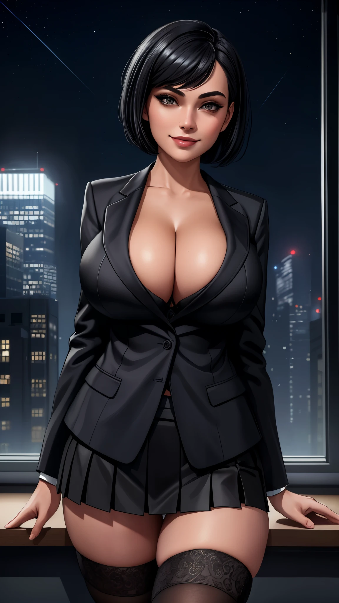 (masterpiece), (best quality), (perfect face), extremely detailed skin pores, (detailed skin:1.2), artstation, night, office, night sky,
cool girl, dark business jacket, dark business skirt, thighhighs, black short hair, straight face, light smile, standing, portrait, cleavage, Areola