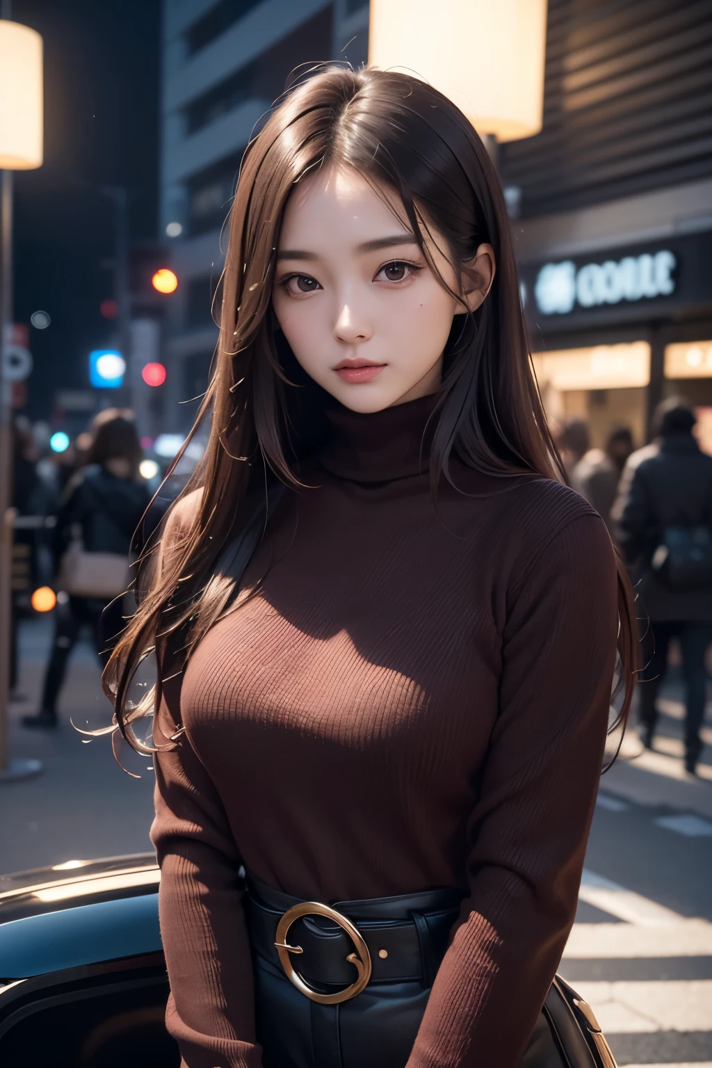 masterpiece, 1 beautiful girl, detailed, swollen eyes, highest quality, 超A high resolution, (reality: 1.4), original photo, 1 girl, movie lighting, (laughter,:0.5) Japanese, asian beauty, Korean, Proper, very very beautiful, a little young face, beautiful skin, thin, cyberpunk background, (超reality的な), (enlightenment), (High resolution), (8k), (非常にdetailedな), (Beautifully detailed eyes with the best enlightenmentns), (超detailedな), (wall-), (detailedな顔), looking at the viewer, Detailed, detailed face、deep shadow、Inconspicuous、Pure erotic face ace_v1、Score 46 points with a diagonal straight.。.、(Dark red turtleneck low gauge knit blouse), Golden Buckle Belt, black leather pants, ((dark brown duffel coat)),、black eyes、