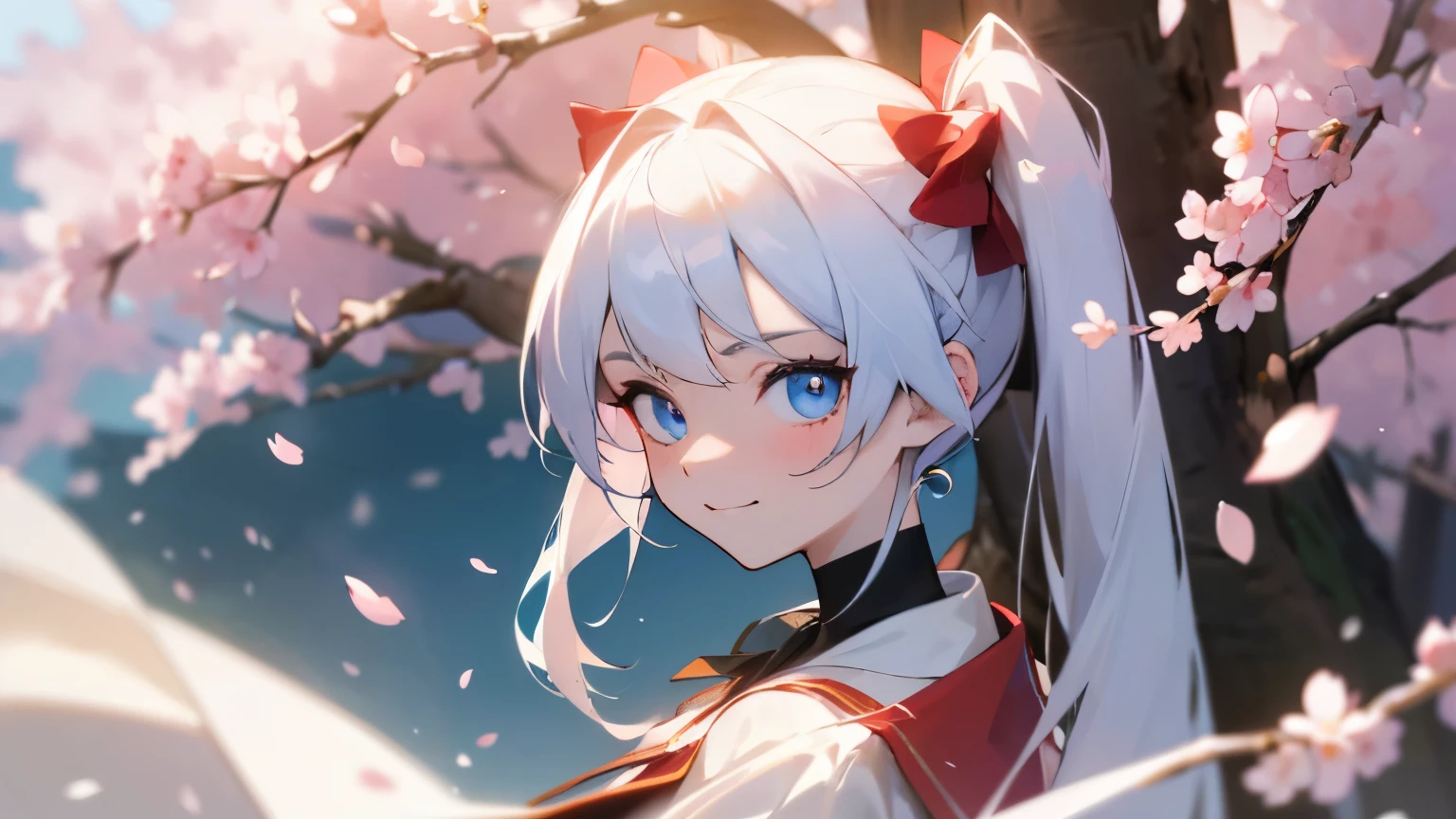 (masterpiece), best quality, perfect face, Houshou Marine, looking at viewer, suprised expression, white hair, twintail hair, expressive pale blue eyes:0.7, (depth perception:0.7, subject foculack background, cherry blossoms in the wind), ((torso:0.7)), 8k, (highres), ((wide shot:0.9)), mascara:0.7, ((glowing eyelack background)), ((devious smile)), cinematic angle, ((professional photography)), ((peaking around tree))