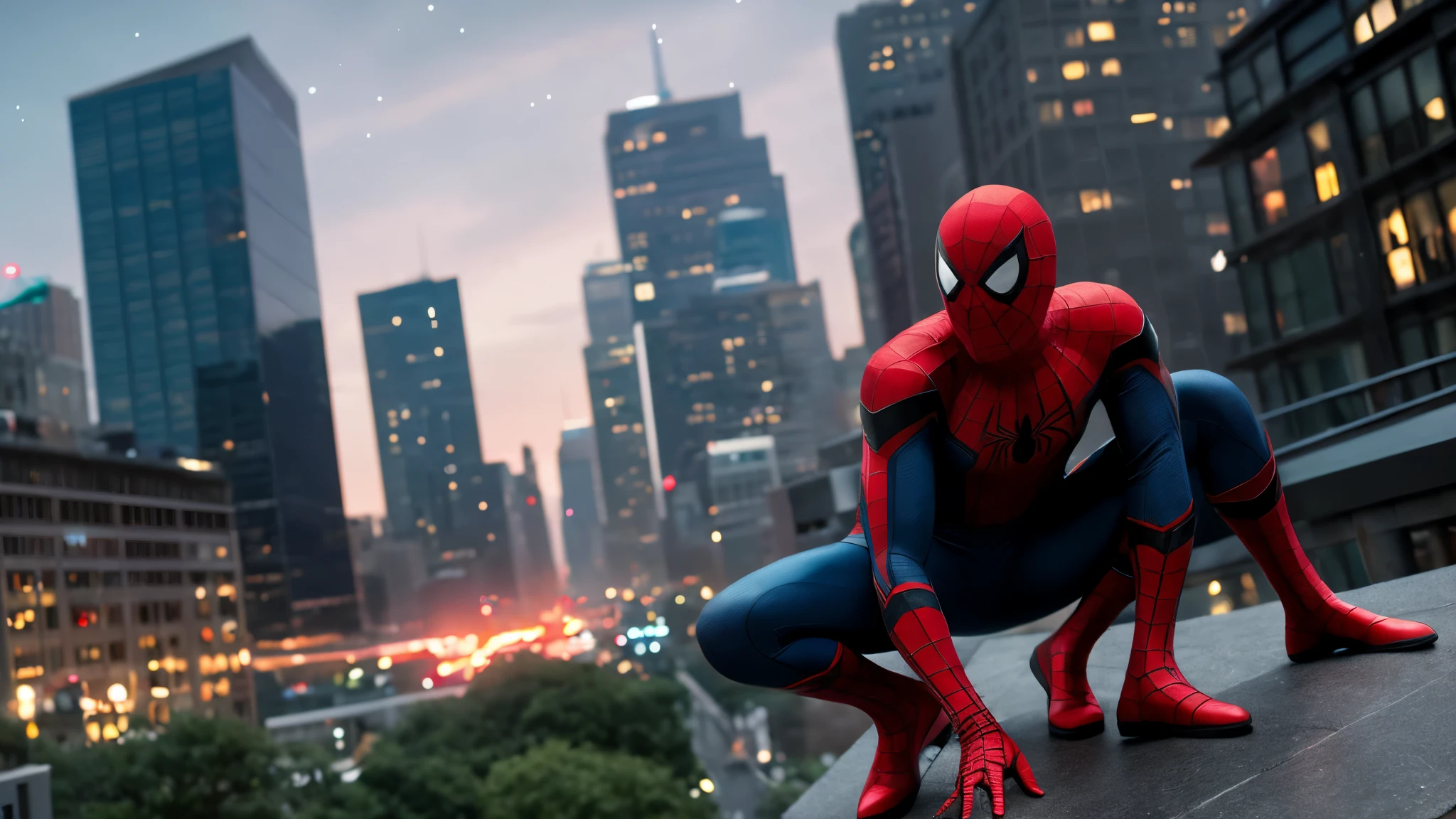

Develop a high-quality image with artificial intelligence, with advanced levels of detail and cinematic style. The scene will portray Spider-Man on top of a building tower. He will be in a crouched position, about to launch your web. The surrounding setting must be urban, with other tall buildings, city lights and a starry night sky. Spider-Man will be wearing his iconic red and blue costume, com detalhes realistas, como texturas e reflexos de luz. Your posture must convey dynamism and determination, pronto para enfrentar qualquer desafio que se apresente. The image should capture the epic and exciting atmosphere of the Spider-Man comics and films.