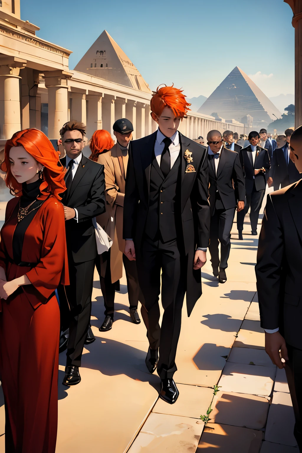 a group of 16-year-old people gathered with orange hair, black and orange suits, elegant but going to a funeral, they are sad and crying, in the background you can see an elegant Arab city with pyramids and gardens