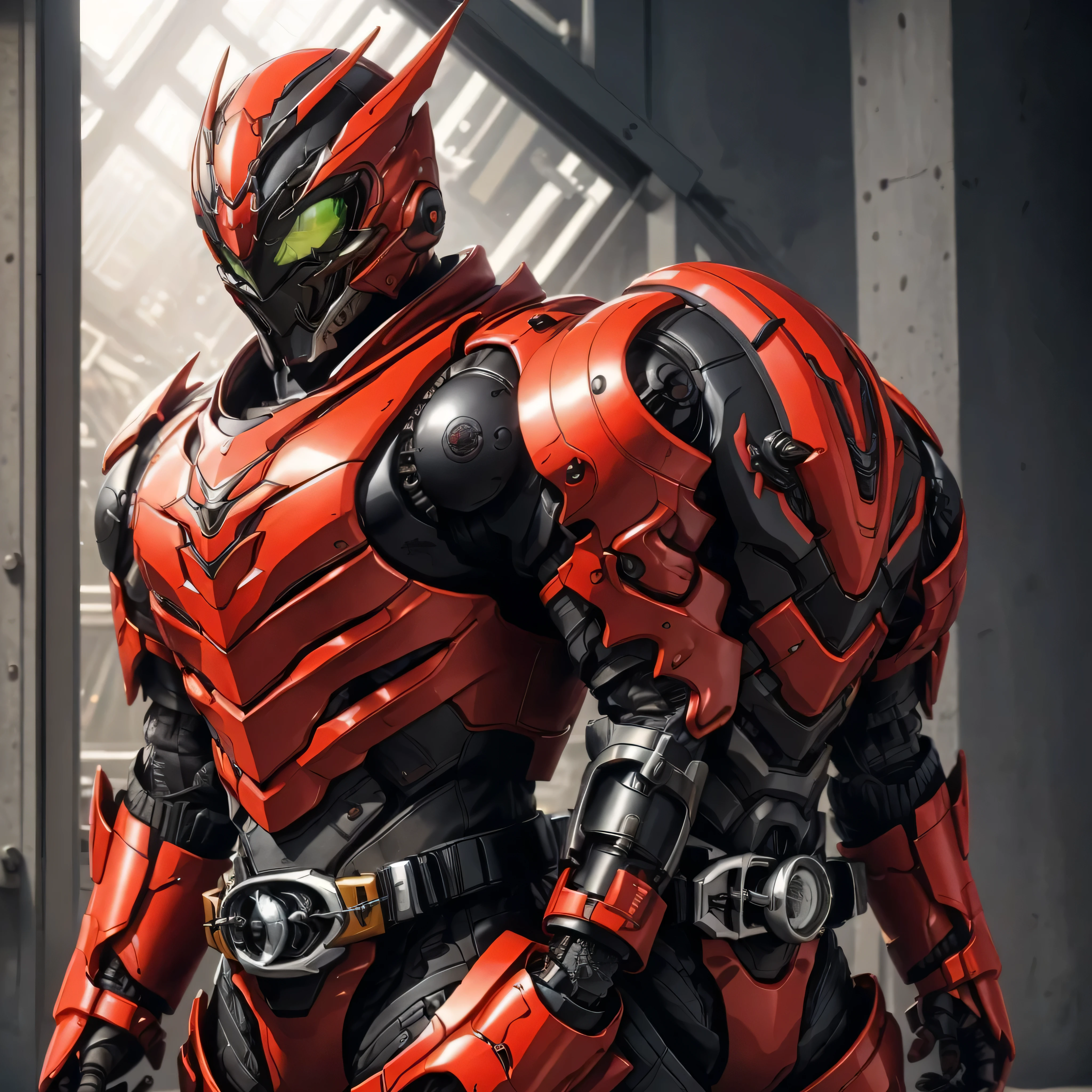 A man wearing a full-face helmet that covers most of his face, adorned in a biomimetic fantasy-style armor, the predominant black color is accented with red textures in the design this character embodies a finely crafted fantasy-style armored warrior design in anime, ((character concept art)), full body character drawing, high definition, best quality, ultra-detailed, extremely delicate, anatomically correct, symmetrical face, extremely detailed eyes and face, high quality eyes, creativity, RAW photo, UHD, 16k, (Natural light, cinematic lighting, masterpiece:1.5)