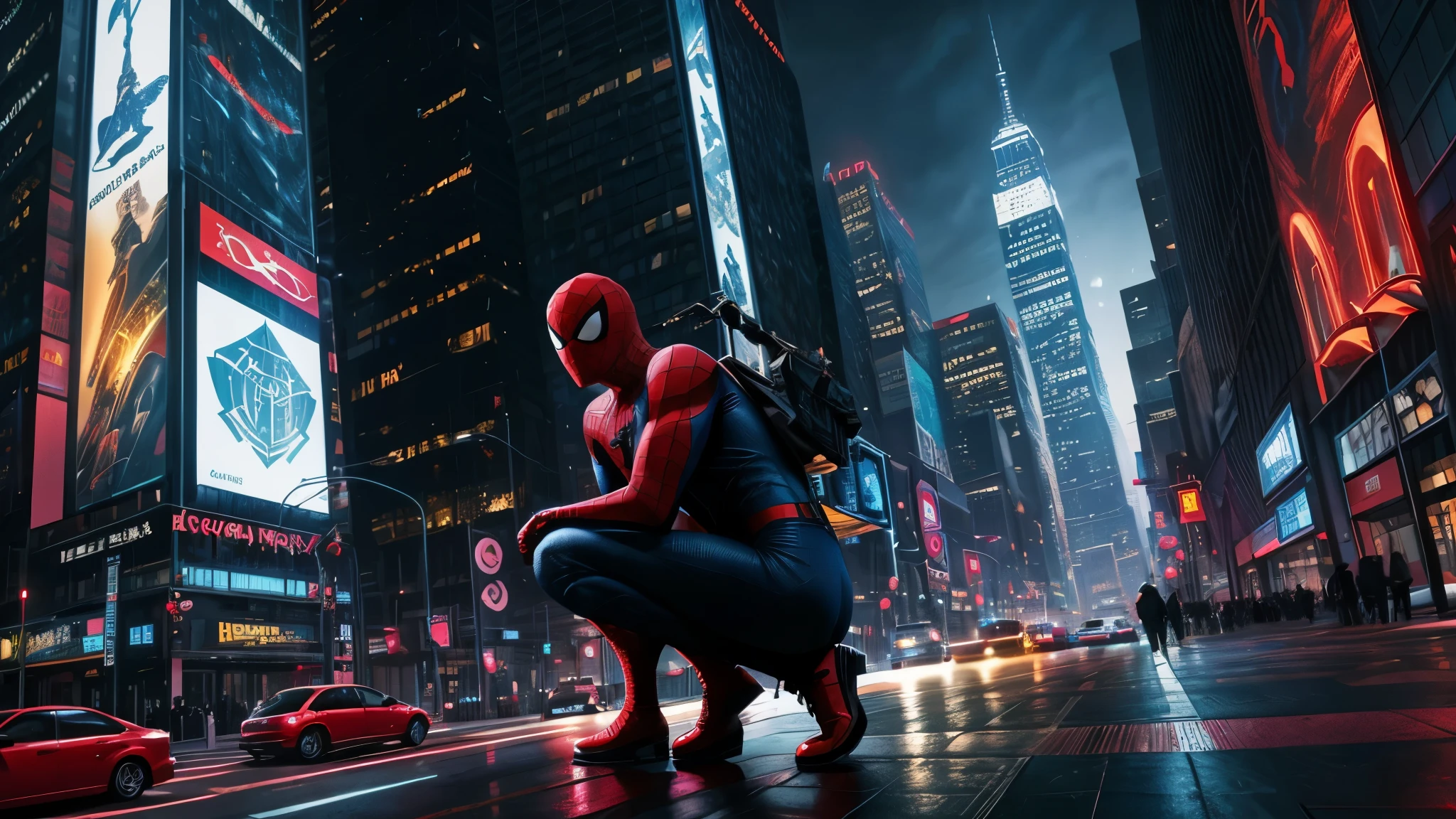 Claro, here is the prompt with more details on the scene:

"Develop a high-quality image with artificial intelligence, with advanced levels of detail and cinematic style. The scene will depict Spider-Man atop a New York City high-rise tower.. He will be crouched at the top of the tower, preparing to launch its web towards a neighboring building. The surrounding scenery will be full of urban elements, like other illuminated skyscrapers, flashing neon lights, neon signs glowing and cars moving through the streets. The streets will be full of people, some looking up admiring the hero. Behind Spider-Man, the bright, full moon will illuminate the night landscape, destacando os detalhes da cidade. The fog will hover gently around the tower, Adding an eerie atmosphere to the scene. Details such as light reflections on building windows and the texture of Spider-Man&#39;s suit must be carefully rendered to create a realistic and immersive image.. Spider-Man&#39;s posture will convey a sense of determination and courage, as he prepares for another mission to protect the city from the dangers that surround it. The image must capture all the emotion and grandeur of iconic moments from Spider-Man comics and films."
