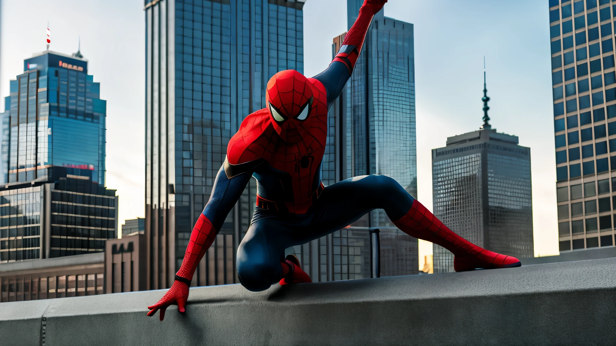 Claro, here is the prompt for creating the image:

"Develop a high-quality image with artificial intelligence, with advanced levels of detail and cinematic style. The scene will portray Spider-Man on top of a building tower. He will be in a crouched position, about to launch your web. The surrounding setting must be urban, with other tall buildings, city lights and a starry night sky. Spider-Man will be wearing his iconic red and blue costume, com detalhes realistas, como texturas e reflexos de luz. Your posture must convey dynamism and determination, pronto para enfrentar qualquer desafio que se apresente. The image should capture the epic and exciting atmosphere of the Spider-Man comics and films."