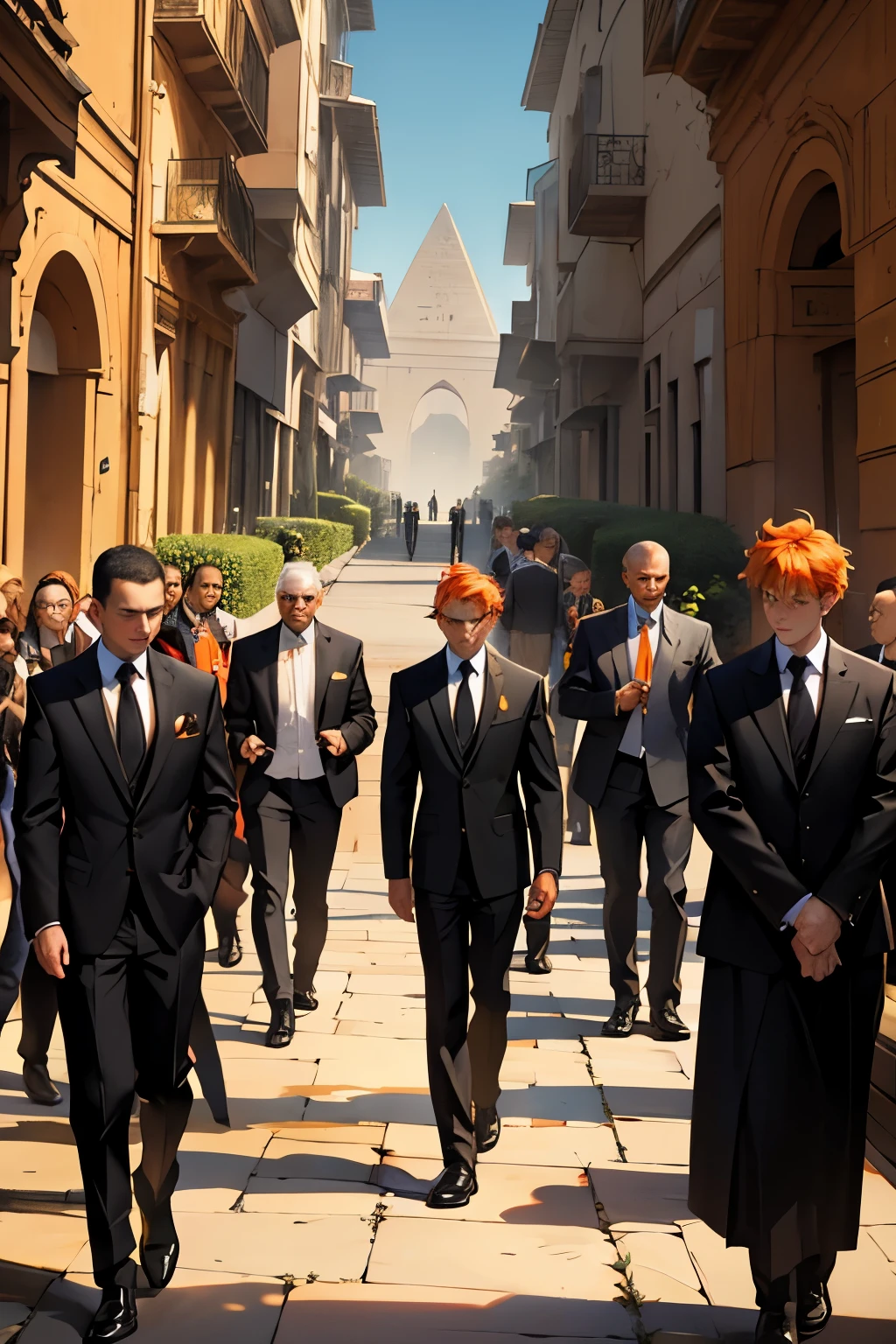 a group of 16-year-old people gathered with orange hair, black and orange suits, elegant but going to a funeral, they are sad and crying, in the background you can see an elegant Arab city with pyramids and gardens