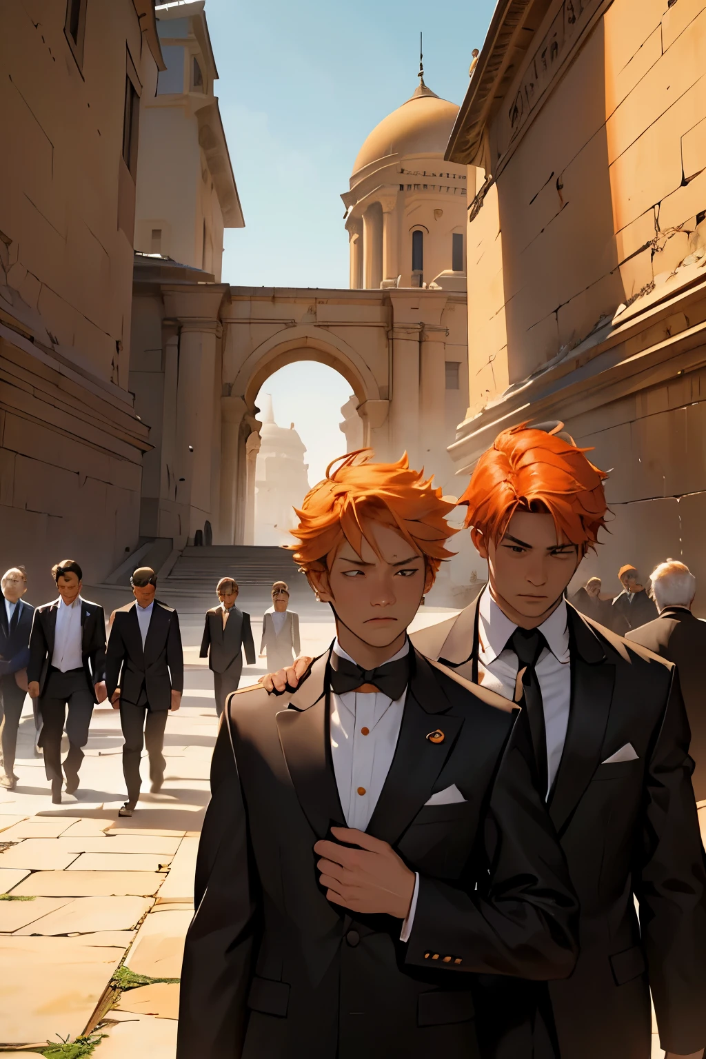 a group of 16-year-old people gathered with orange hair, black and orange suits, elegant but going to a funeral, they are sad and crying, in the background you can see an elegant Arab city with pyramids and gardens