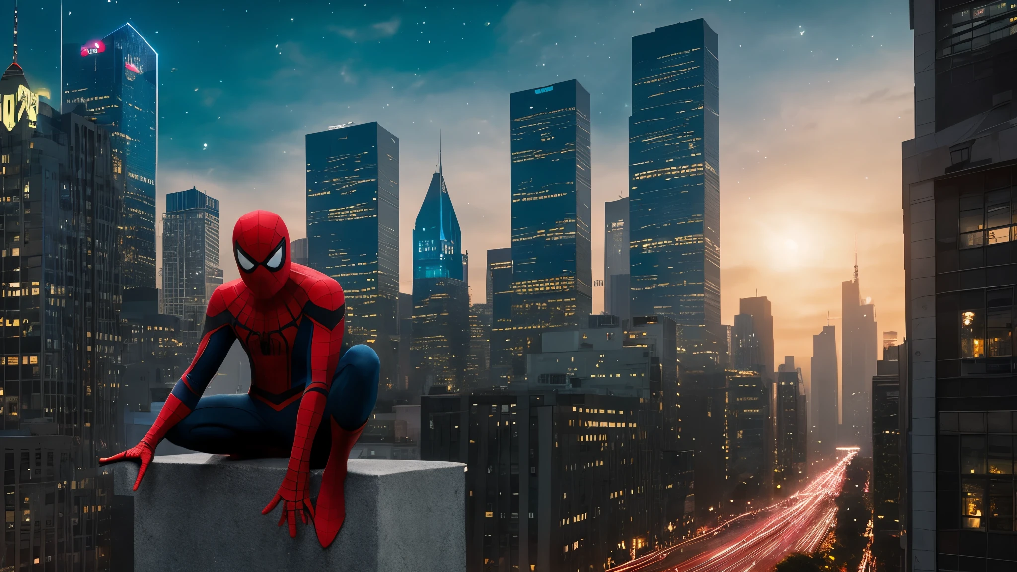 Claro, here is the prompt for creating the image:

"Develop a high-quality image with artificial intelligence, with advanced levels of detail and cinematic style. The scene will portray Spider-Man on top of a building tower. He will be in a crouched position, about to launch your web. The surrounding setting must be urban, with other tall buildings, city lights and a starry night sky. Spider-Man will be wearing his iconic red and blue costume, com detalhes realistas, como texturas e reflexos de luz. Your posture must convey dynamism and determination, pronto para enfrentar qualquer desafio que se apresente. The image should capture the epic and exciting atmosphere of the Spider-Man comics and films."