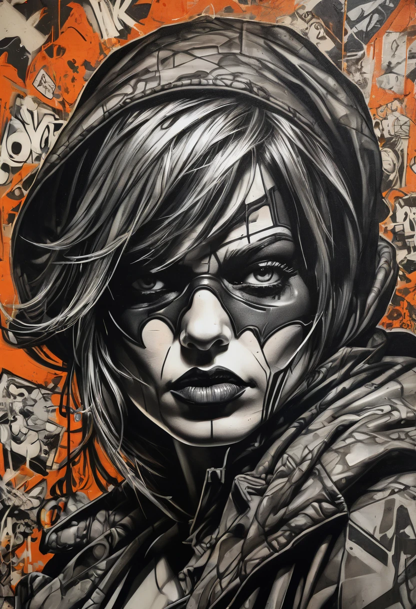 Graffiti art, Comics by Todd Lockwood and Karen Wallis and irving penn, bold lines, hyper detailed, dark limited palette, dramatic lighting, best quality, masterpiece, Representative work, official art, Professional, Ultra intricate detailed, 8k