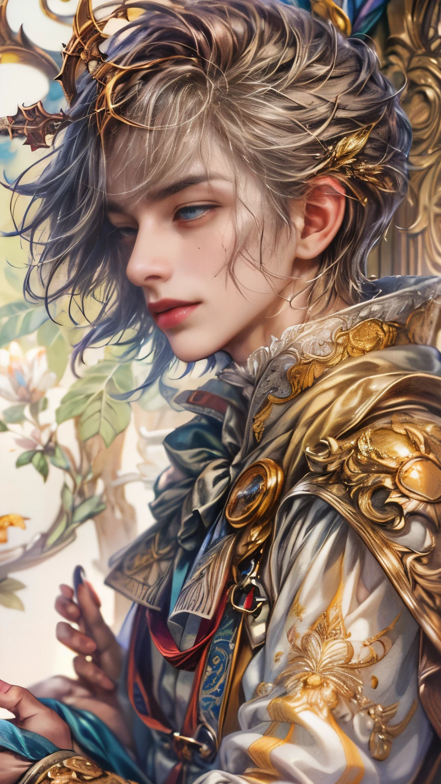 (absurdres, highres, ultra detailed, HDR), masterpiece, Intricate details,best quality close-up picture of a character from Grimm's Fairy Tales, handsome adult boy in tim burton style, anime eyes, Hero Outfit, in a legend of mana style of interior home design, detailed interiors, detailed character, art kenouji