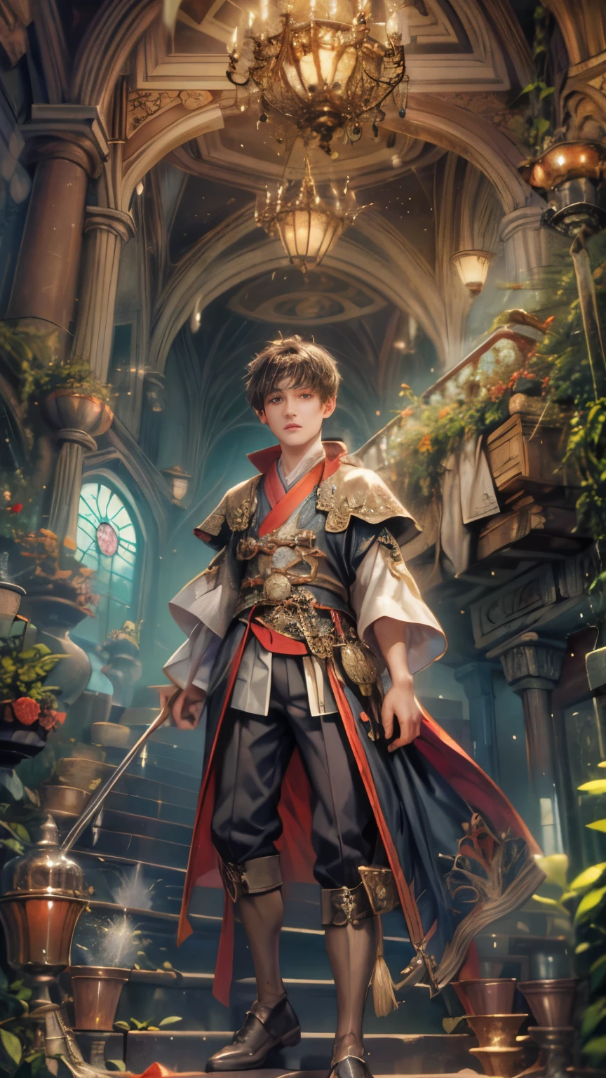 (absurdres, highres, ultra detailed, HDR), masterpiece, Intricate details,best quality close-up picture of a character from Grimm's Fairy Tales, handsome adult boy in tim burton style, anime eyes, Hero Outfit, in a legend of mana style of interior home design, detailed interiors, detailed character, art kenouji