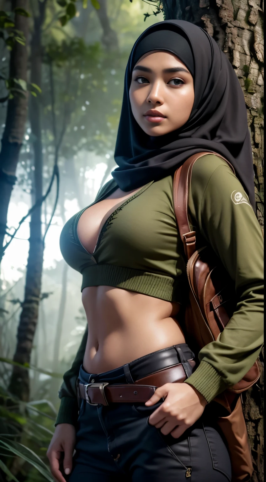 RAW, Best quality, high resolution, masterpiece: 1.3), beautiful Malay woman in hijab (iu:0.8),Best quality, high resolution, Masterpiece: 1.3, Beautiful hijabi malay girl, Masterpiece, Soft smile, Realistic, 1girl, charming eyes, glowing eyes,parted lips, big breast, Beautiful adult woman in hijap, full-length, beautiful figure, aesthetics of the female body, savage from the islands, hunter of mysterious creatures, observing the creature, in ambush, studying the creature found, in ranger clothes, with a large backpack, detailed clothes, many pockets, many belts, everything is hung with gadgets, catches small mysterious creatures, hunts small creatures, mysterious forest, beautiful forest, nature surrounded by flowers, tender leaves and branches surrounded by fireflies (natural elements), (jungle theme), (leaves), (branches), (fireflies), (particle effects), etc.3D Octane rendering, ray tracing, super detailing viewer, closeup