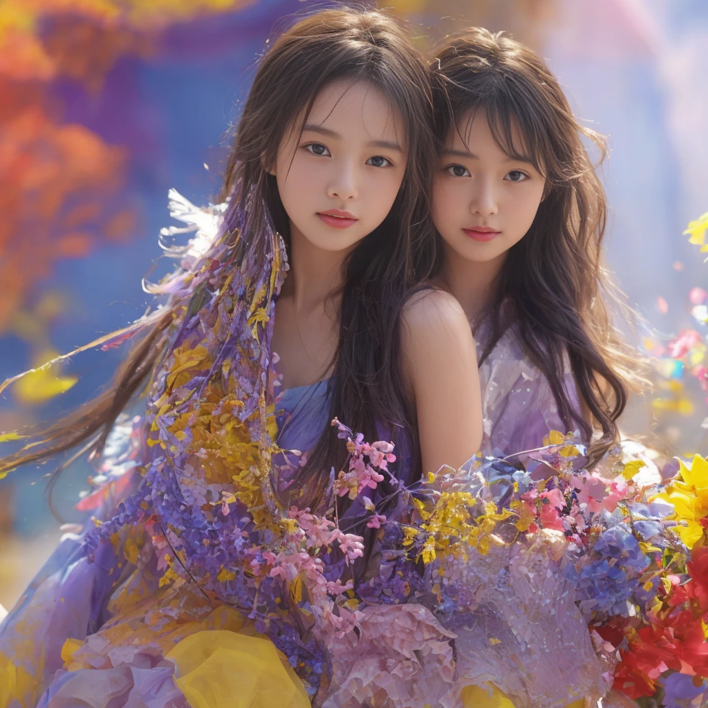 Masterpiece, highest quality, ultra high definition, solo presentation, youthful, messy hair resembling oil painting, vibrant colors: an 8-year-old girl, Radiant features with soft skin, harmonious blend of blue, yellow, light purple, and violet hues, intricate details, life-like appearance, Adorned with delicate additions of light red for depth and vibrancy, Splash screen format, 8k resolution, each brushstroke and texture visible in incredible detail, True masterpiece encapsulating the innocence and captivating charm of the girl's cute face.