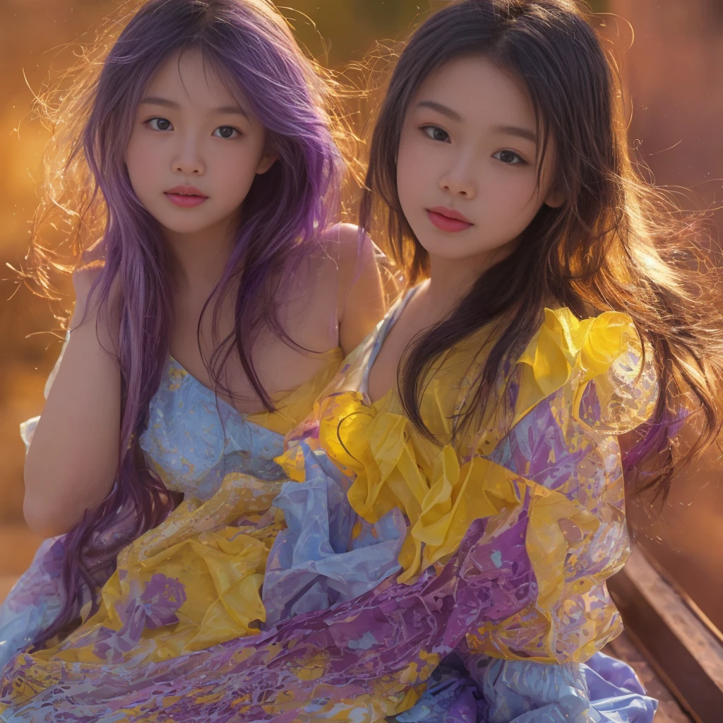 Masterpiece, highest quality, ultra high definition, solo presentation, youthful, messy hair resembling oil painting, vibrant colors: an , Radiant features with soft skin, harmonious blend of blue, yellow, light purple, and violet hues, intricate details, life-like appearance, Adorned with delicate additions of light red for depth and vibrancy, Splash screen format, 8k resolution, each brushstroke and texture visible in incredible detail, True masterpiece encapsulating the innocence and captivating charm of the girl's cute face.