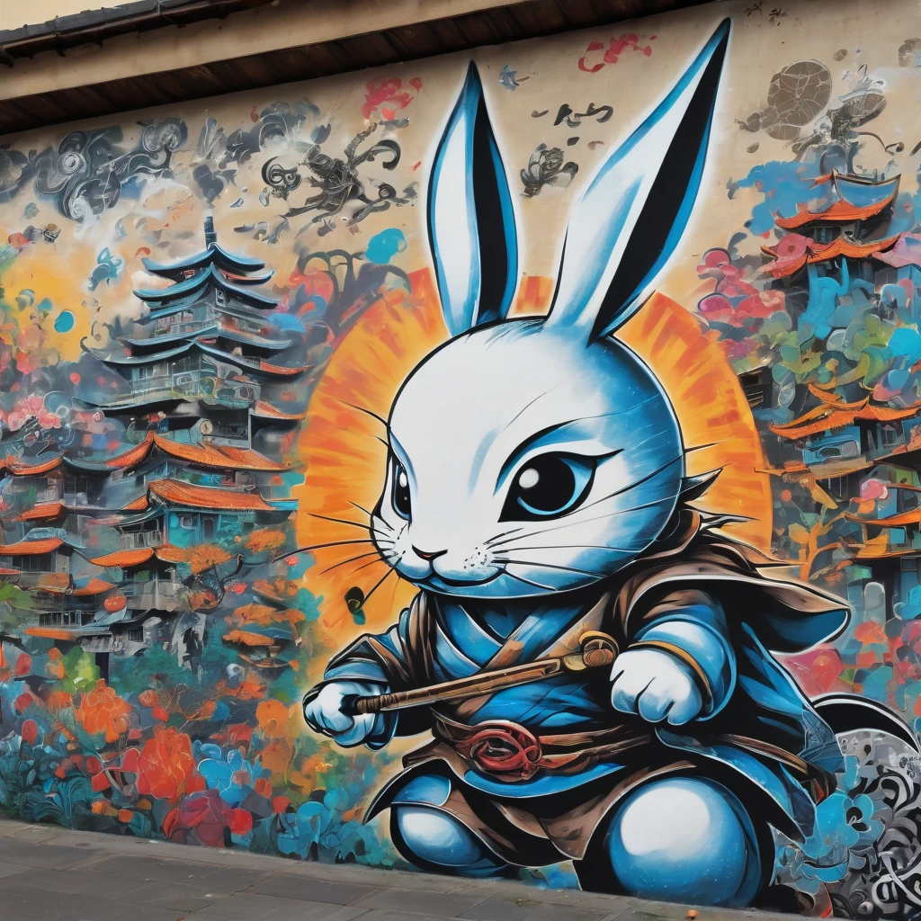(masterpiece, best quality), magical Usagi Yojimbo Graffiti Comics on wall, ultra detail Graffiti background, wide shot, magical details, aerial view,