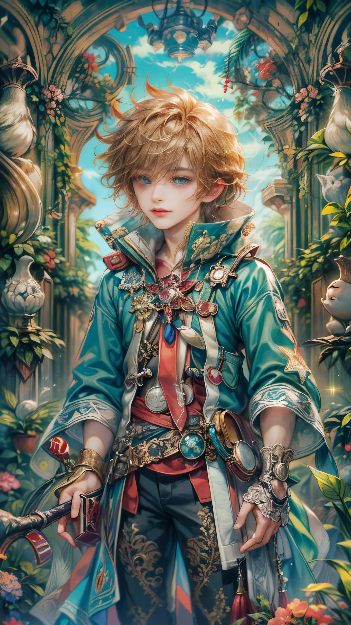 absurdres, highres, ultra detailed, HDR), masterpiece, Intricate details,best quality close-up picture of a character from Tales of the rays, handsome adult boy in tim burton style, anime eyes, Hero Outfit, in a legend of mana style of interior home design, detailed interiors, cemetery scenery, detailed character, art kenouji