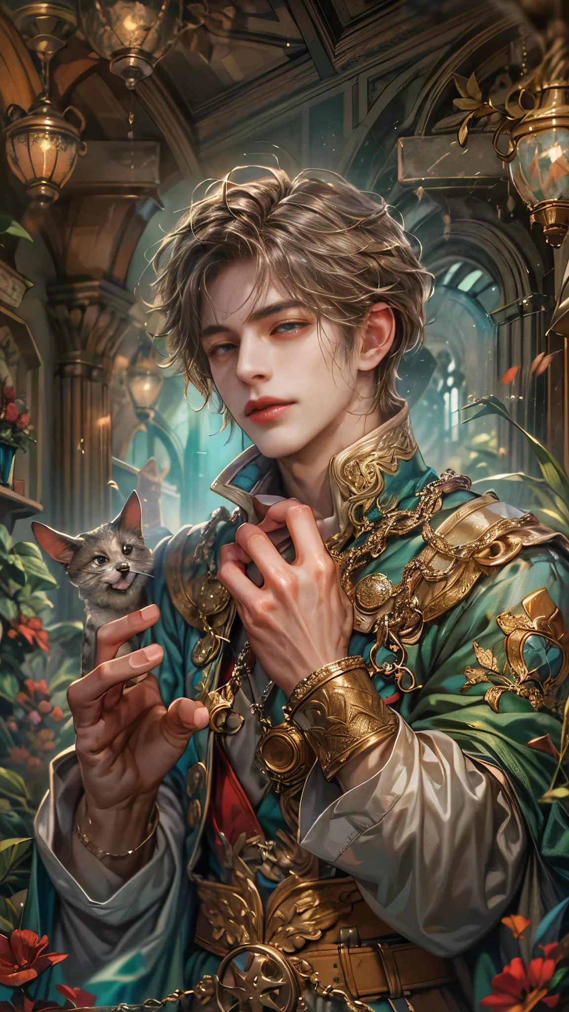 (absurdres, highres, ultra detailed, HDR), masterpiece, Intricate details,best quality close-up picture of a character from Grimm's Fairy Tales, handsome adult boy in tim burton style, anime eyes, Hero Outfit, in a legend of mana style of interior home design, detailed interiors, detailed character, art kenouji