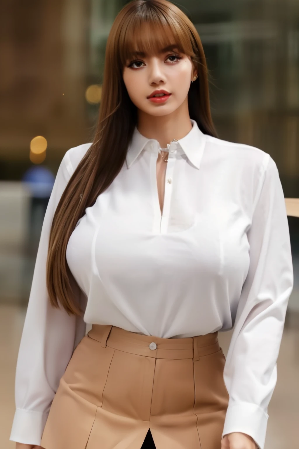 brown hair, beautiful, masterpiece, details, realistic, 8k, high quality, white buttoned collar shirt long sleeve, short skirt, school uniform, in school, (((very huge breasts))),