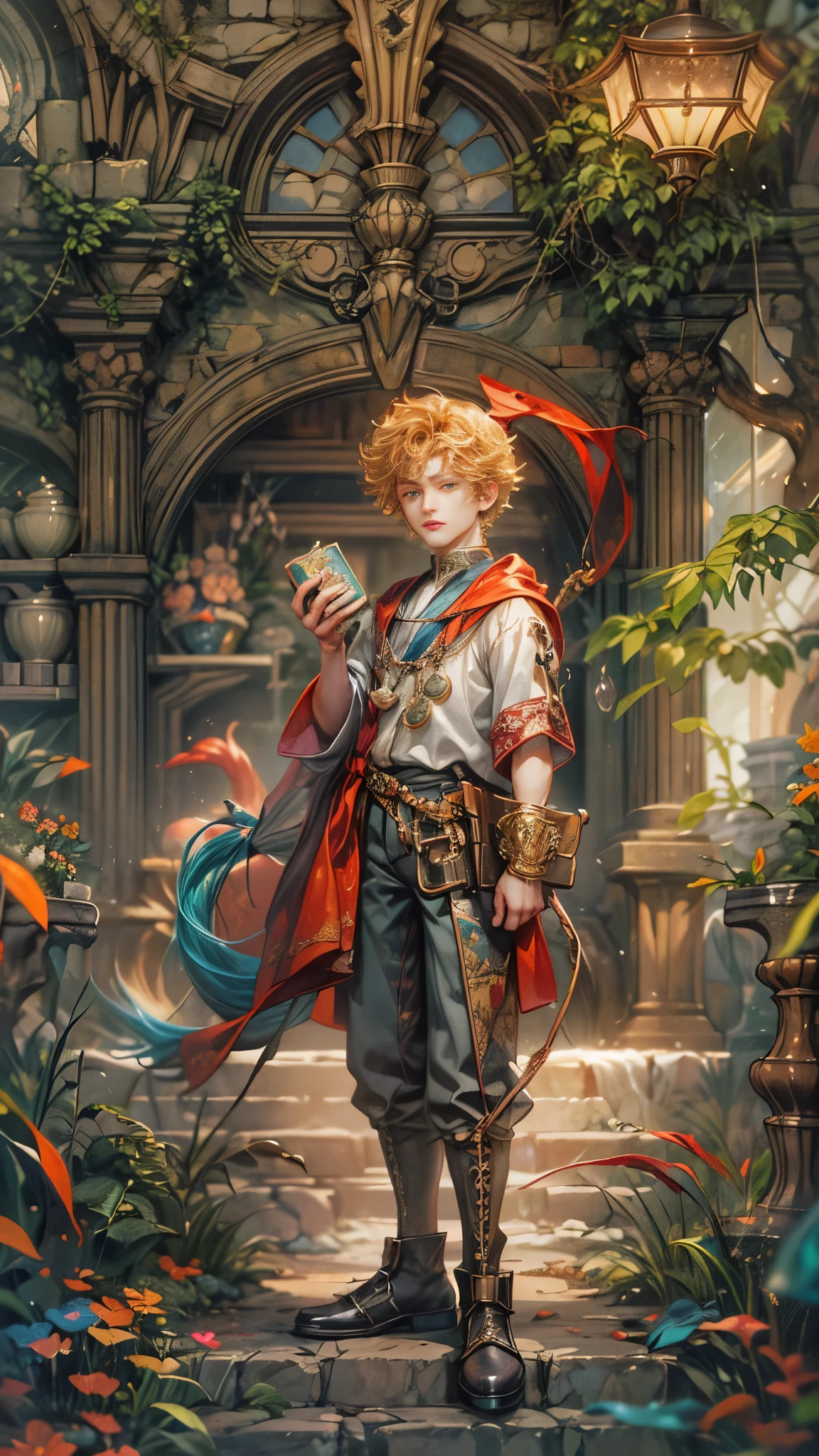 (absurdres, highres, ultra detailed, HDR), masterpiece, Intricate details,best quality close-up picture of a character from Grimm's Fairy Tales, handsome adult boy in tim burton style, anime eyes, Hero Outfit, in a legend of mana style of interior home design, detailed interiors, detailed character, art kenouji