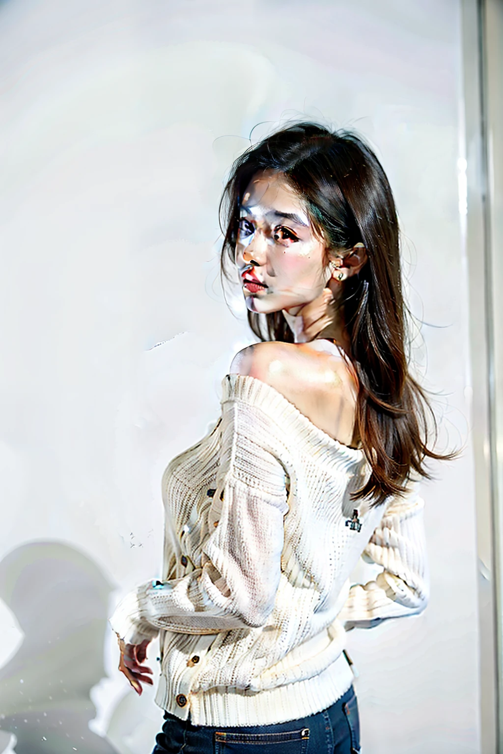 1girl,sweater,white backgroundronaldo,