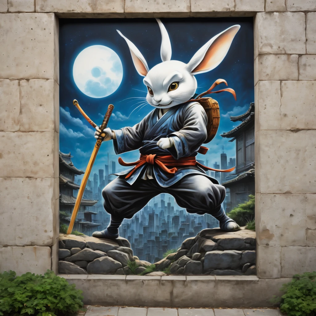 (masterpiece, best quality), magical Usagi Yojimbo Graffiti Comics on wall, ultra detail Graffiti background, wide shot, magical details, aerial view,