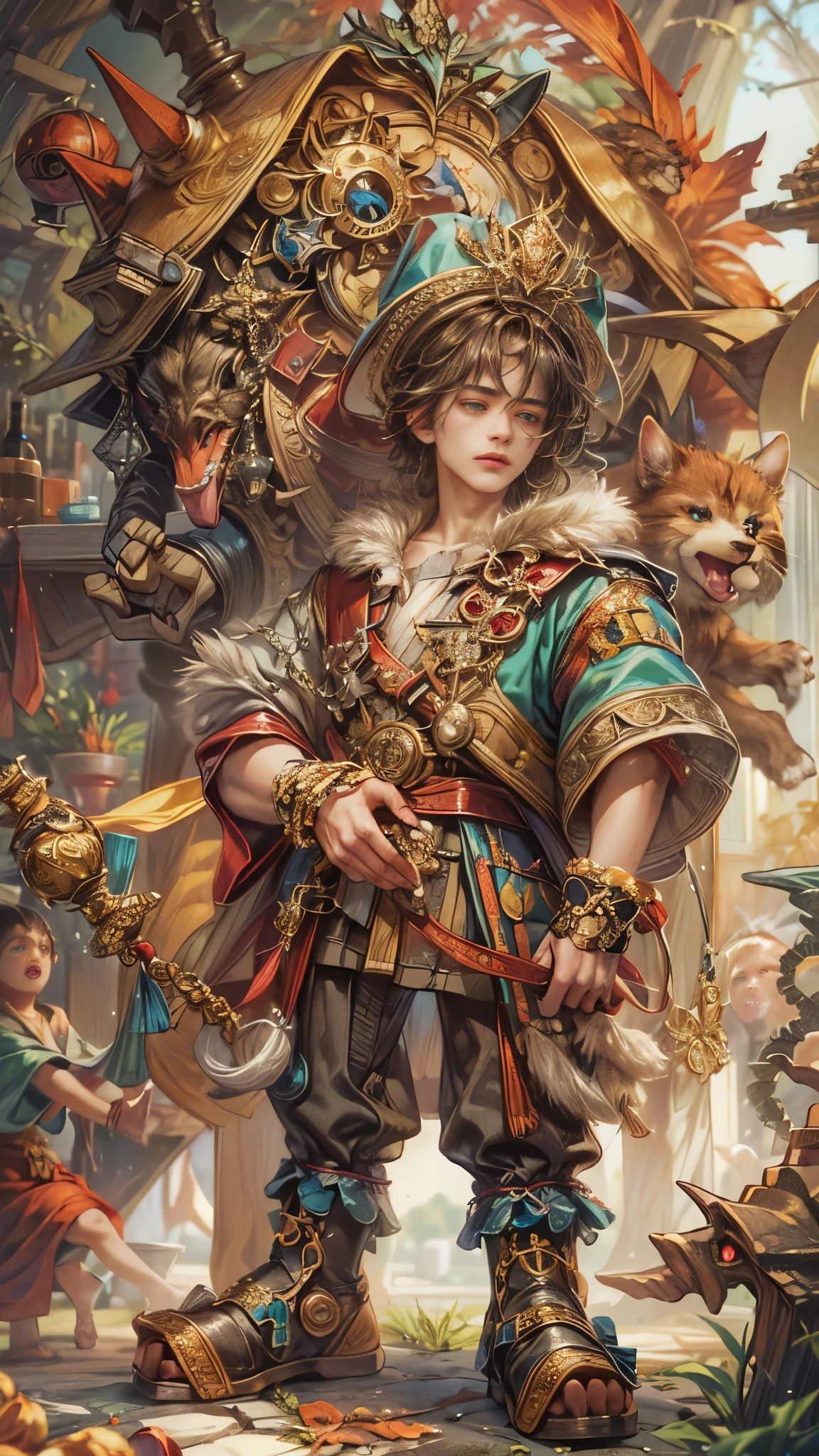 (absurdres, highres, ultra detailed, HDR), masterpiece, Intricate details,best quality close-up picture of a character from Grimm's Fairy Tales, handsome adult boy in tim burton style, anime eyes, Hero Outfit, in a legend of mana style of interior home design, detailed interiors, detailed character, art kenouji