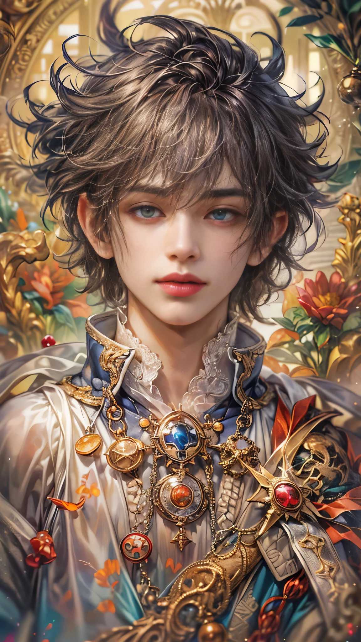 (absurdres, highres, ultra detailed, HDR), masterpiece, Intricate details,best quality close-up picture of a character from Grimm's Fairy Tales, handsome adult boy in tim burton style, anime eyes, Hero Outfit, in a legend of mana style of interior home design, detailed interiors, detailed character, art kenouji