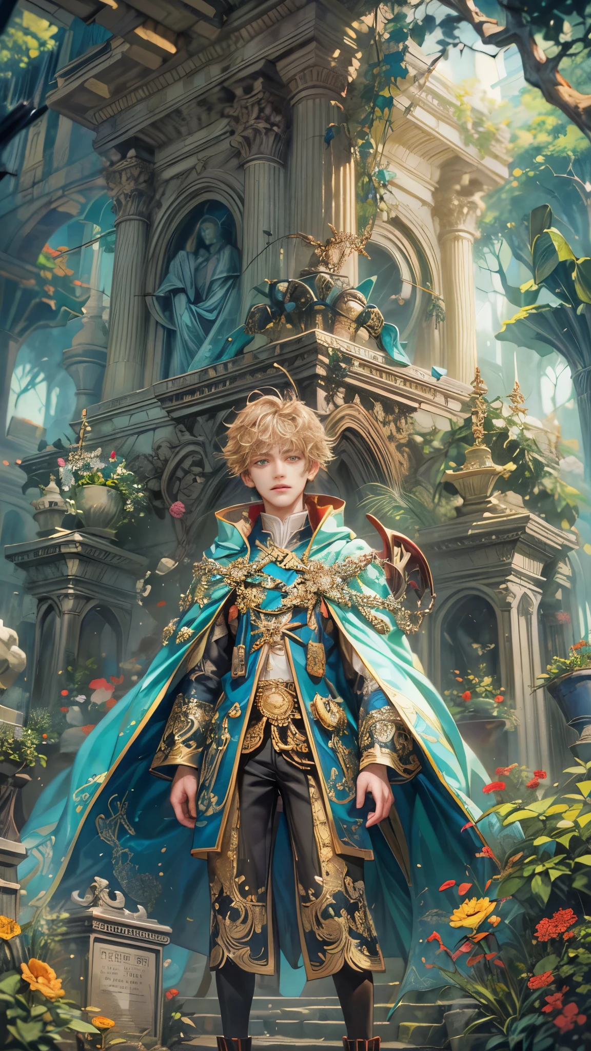 absurdres, highres, ultra detailed, HDR), masterpiece, Intricate details,best quality close-up picture of a character from Tales of the rays, handsome adult boy in tim burton style, anime eyes, Hero Outfit, in a legend of mana style of interior home design, detailed interiors, cemetery scenery, detailed character, art kenouji
