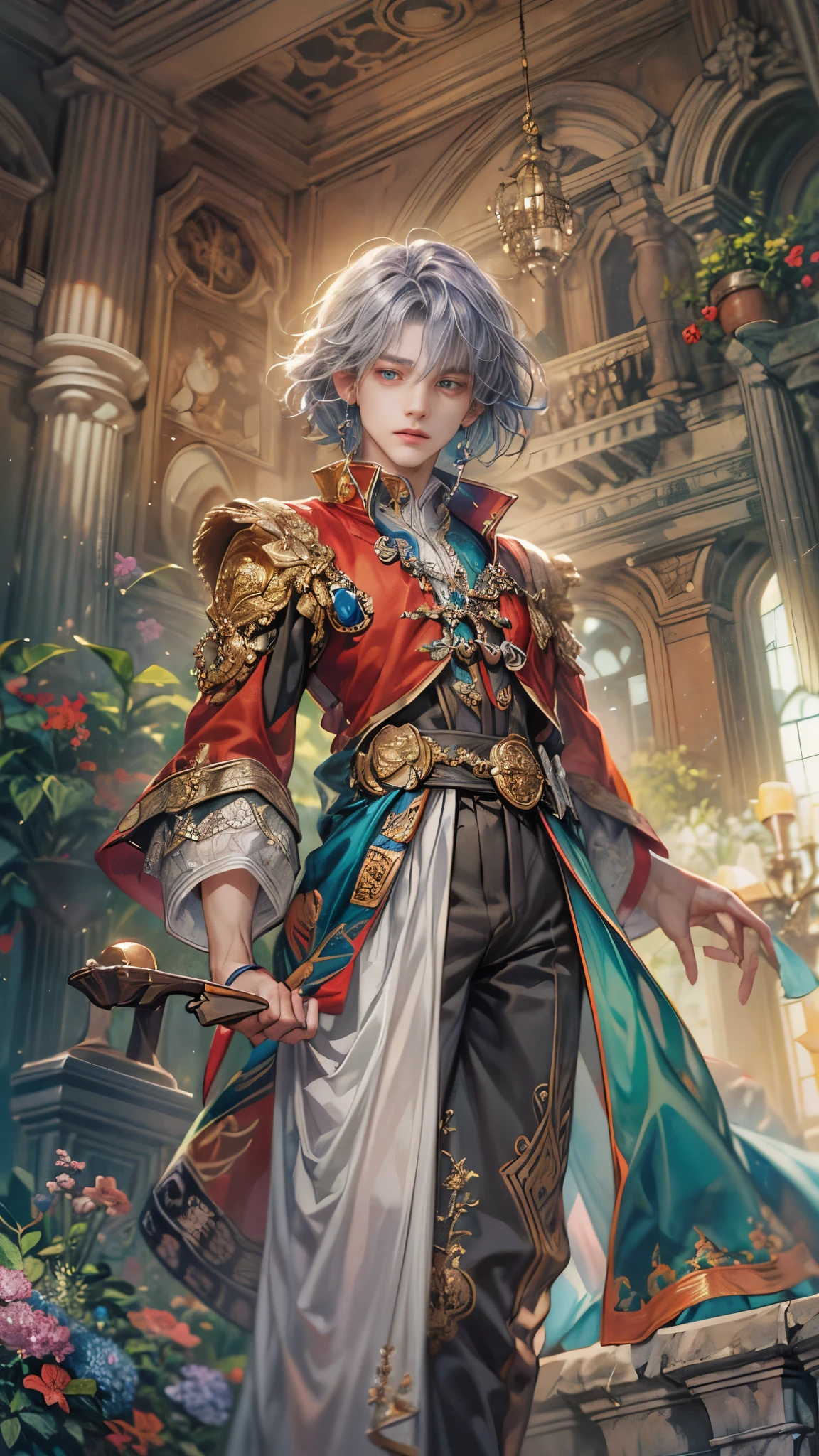 absurdres, highres, ultra detailed, HDR), masterpiece, Intricate details,best quality close-up picture of a character from Tales of the rays, handsome adult boy in tim burton style, anime eyes, Hero Outfit, in a legend of mana style of interior home design, detailed interiors, cemetery scenery, detailed character, art kenouji