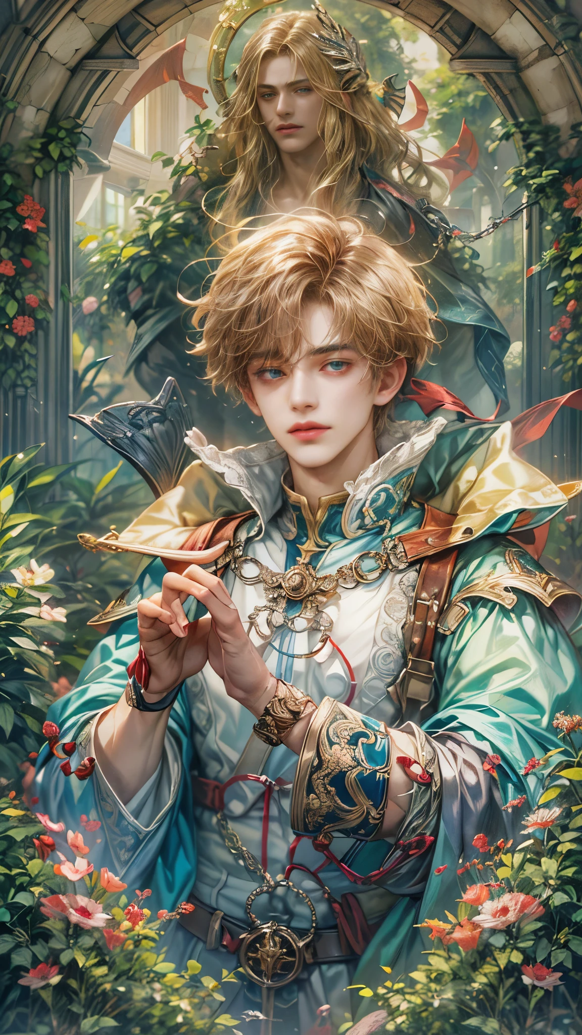 absurdres, highres, ultra detailed, HDR), masterpiece, Intricate details,best quality close-up picture of a character from Tales of the rays, handsome adult boy in tim burton style, anime eyes, Hero Outfit, in a legend of mana style of interior home design, detailed interiors, cemetery scenery, detailed character, art kenouji