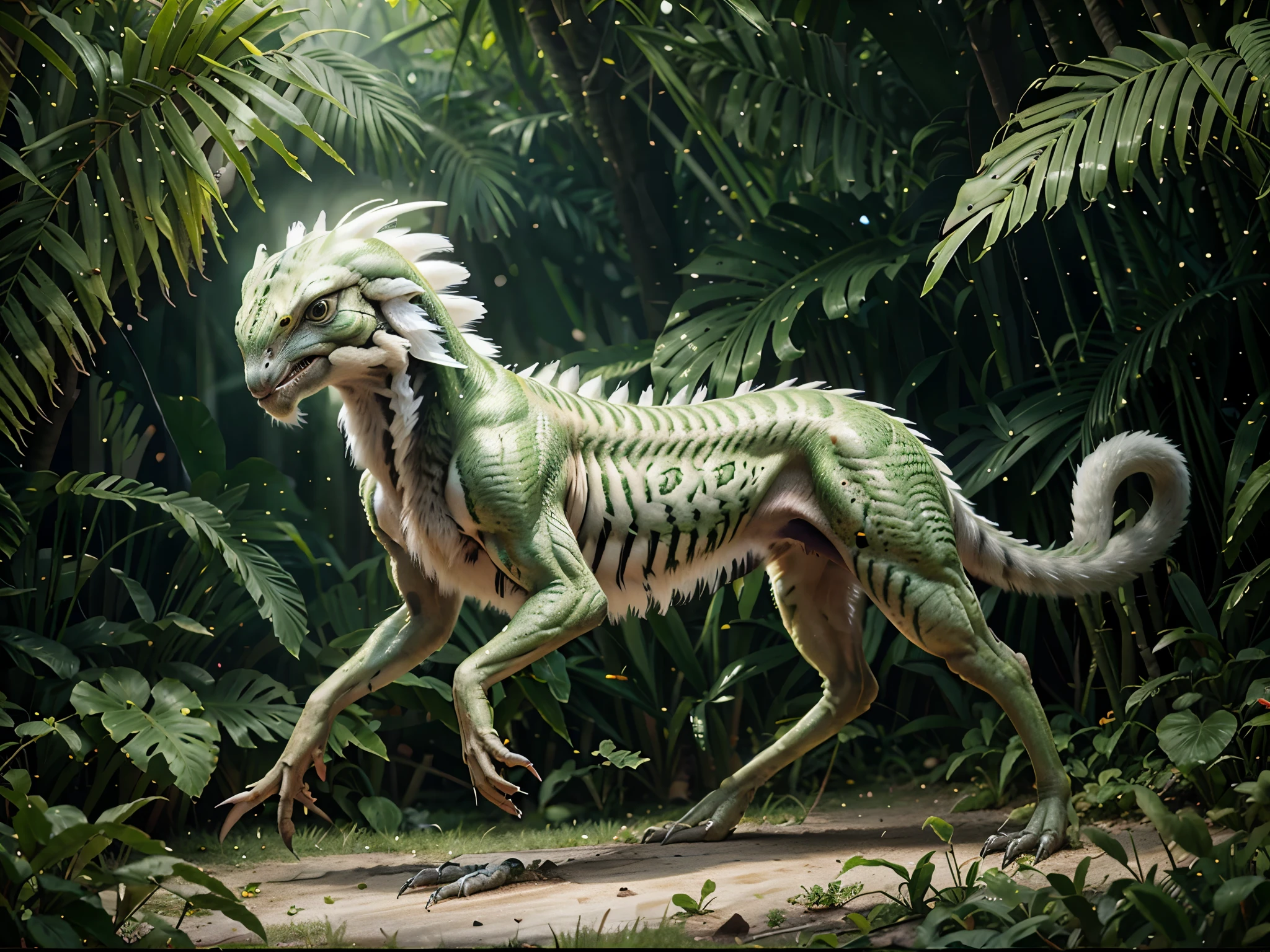 there is a painting of a green and white animal in the jungle, highly realistic concept art, digital painting highly detailed, inspired by Bob Eggleton, mythical creature, highly detailed digital painting, ancient creature, fantasy creature, velociraptor, fantasy creature concept art, hybrid creature, highly detailed creature, realistic paint job, an ancient creature, realistic creature concept