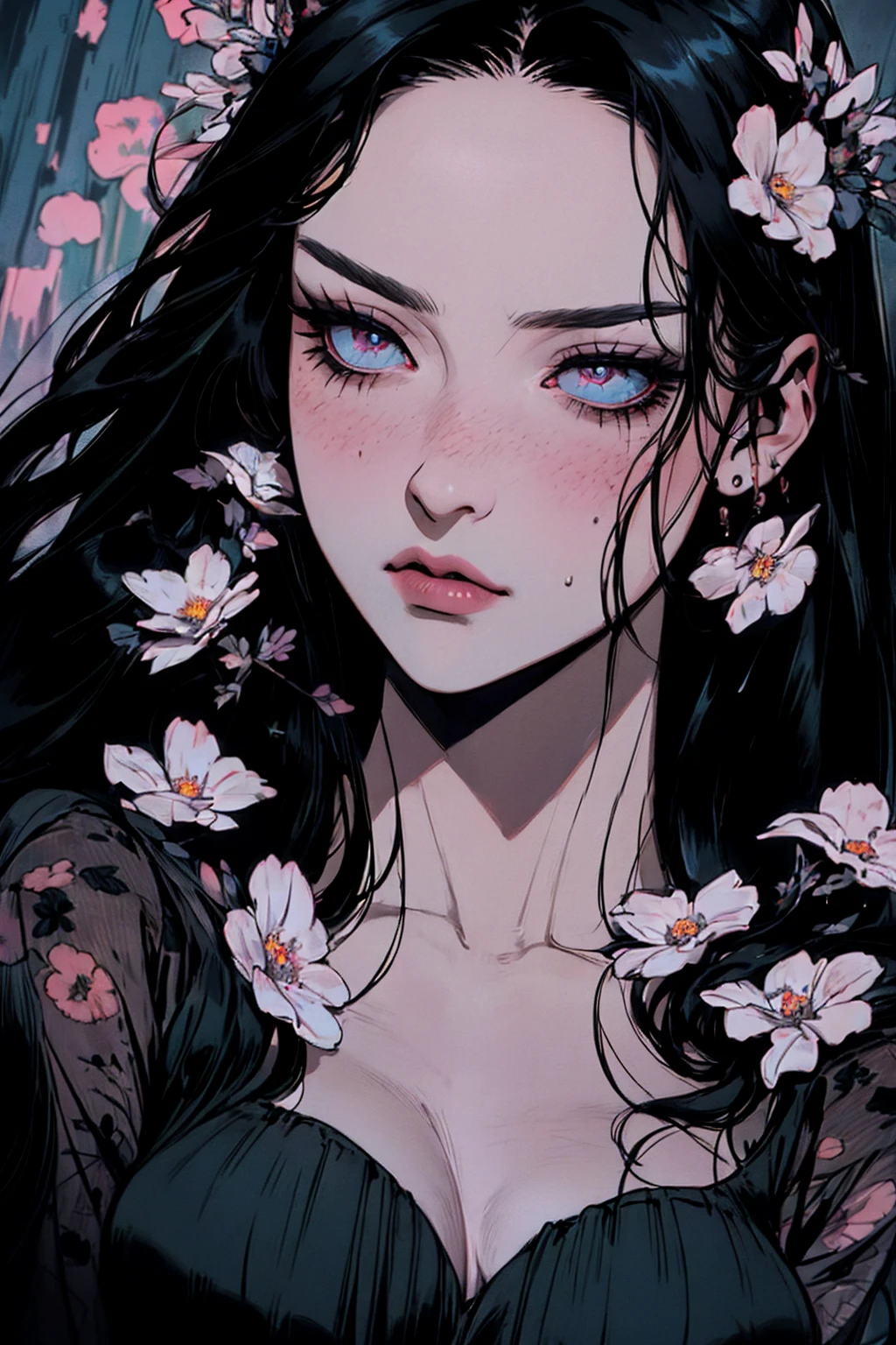 hyper-realistic of a mysterious woman with flowing black hair, piercing opal eyes, and a delicate floral crown, upper body