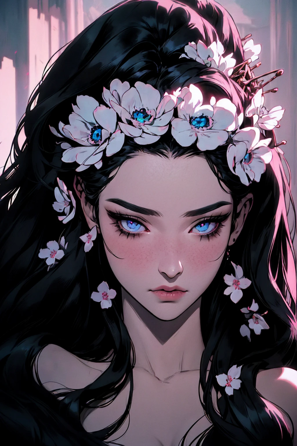 hyper-realistic  of a mysterious woman with flowing black hair, piercing opal eyes, and a delicate floral crown,  upper body