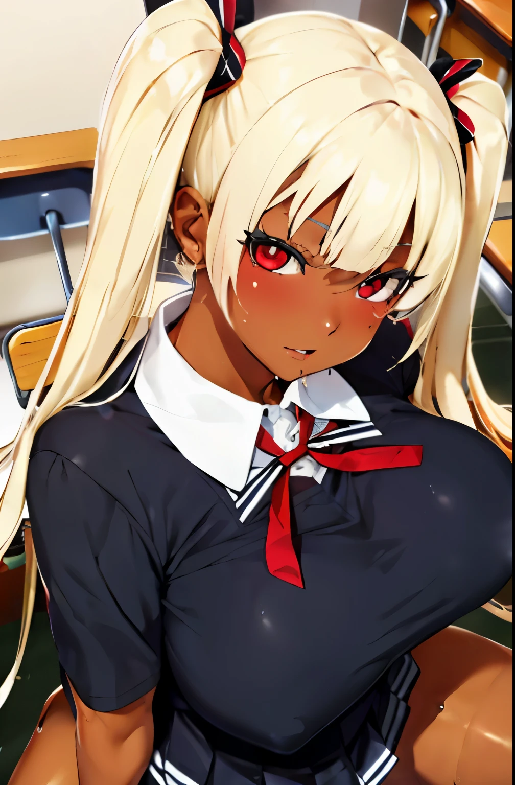 (masterpiece:1.2, best quality), 1lady, solo, school uniform, classroom, day, sit, blonde, twintails, red eyes, open collabone, darkskin, (open breasts:1.1),、((big breasts)), (dripping sweat、oil skin,sparkling skin、realistic skin texture、detailed beautiful skin、shiny skin、shiny skin)