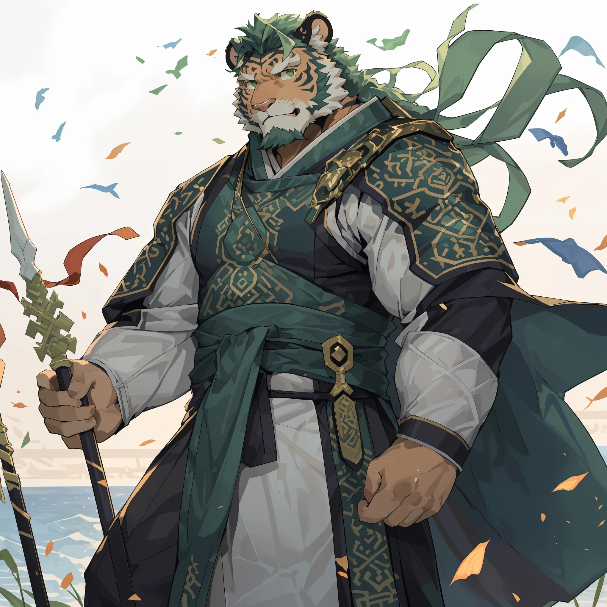 (淡翠色tiger),(翠绿色森林绿general古代战袍),Holding a spear,Powerful posture,Standing confidently and proudly,(The background is an endless sea:1.2),abdominal muscles,heroic posture飒爽,完美的masterpiece,Various facial details,distance perspective,specific description,masterpiece,cg,(Pale green eyes),Light green pattern,Light green tail,general,heroic posture,tiger,Emerald fur,Concrete facial details,Half body,(翠绿general战履),(Chang Ling),((middle aged)),(face focus),(16k),HD,Green and white belly,temple,beard,(Face lines),Different pupils,(Emerald green ancient war robe),(green hair),Strong,muscle,(high resolution:1.3),Weeds underfoot