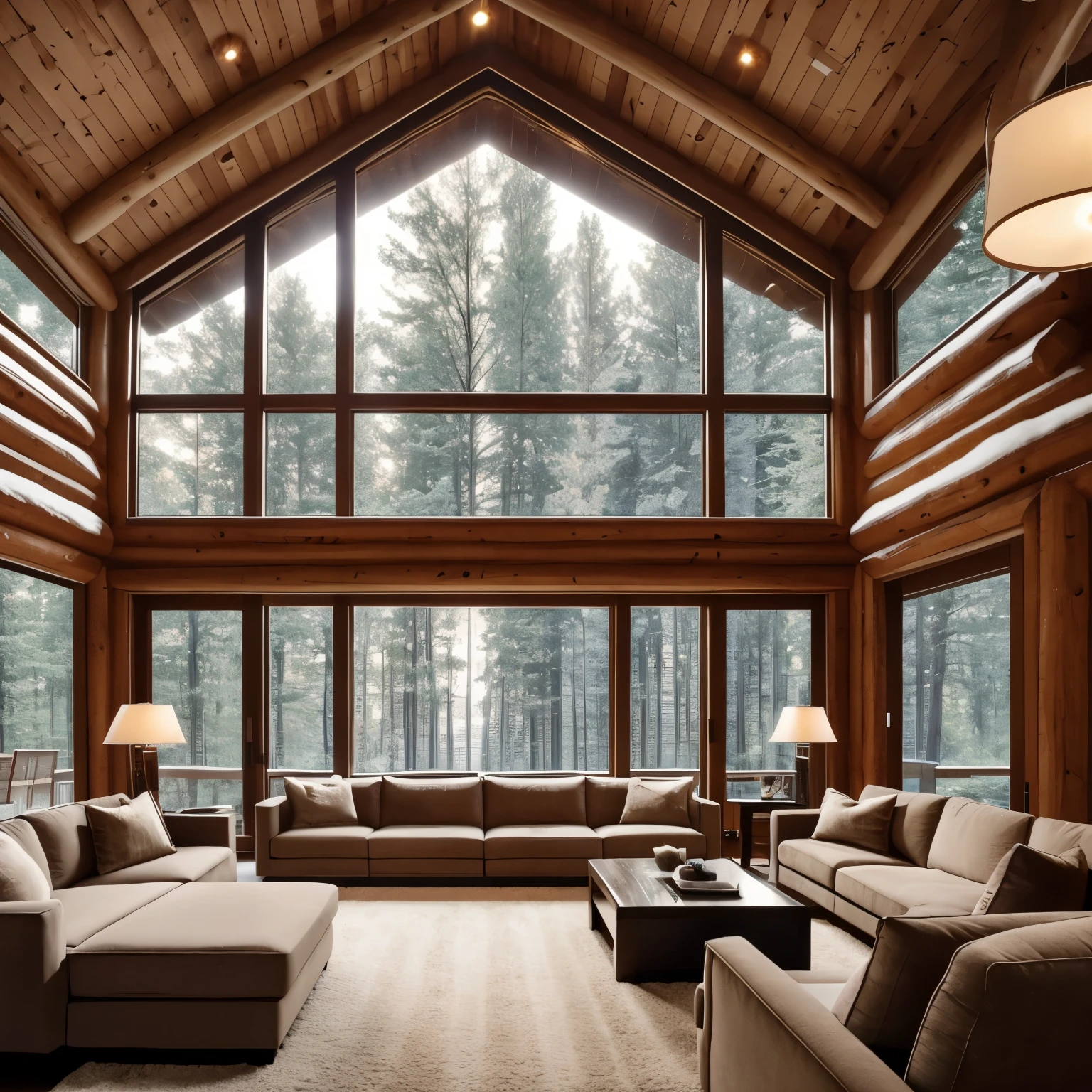 A double-height ceiling living room with a large, floor-to-ceiling window on one side log cabin. Outside is a dark snow-covered landscape. The living area is furnished with plush, contemporary sofas and chairs in neutral tones, grouped around a low, central coffee table. The room's color palette is composed of dark brown and warm tones, with the soft lighting from various lamps adding a cozy ambiance.