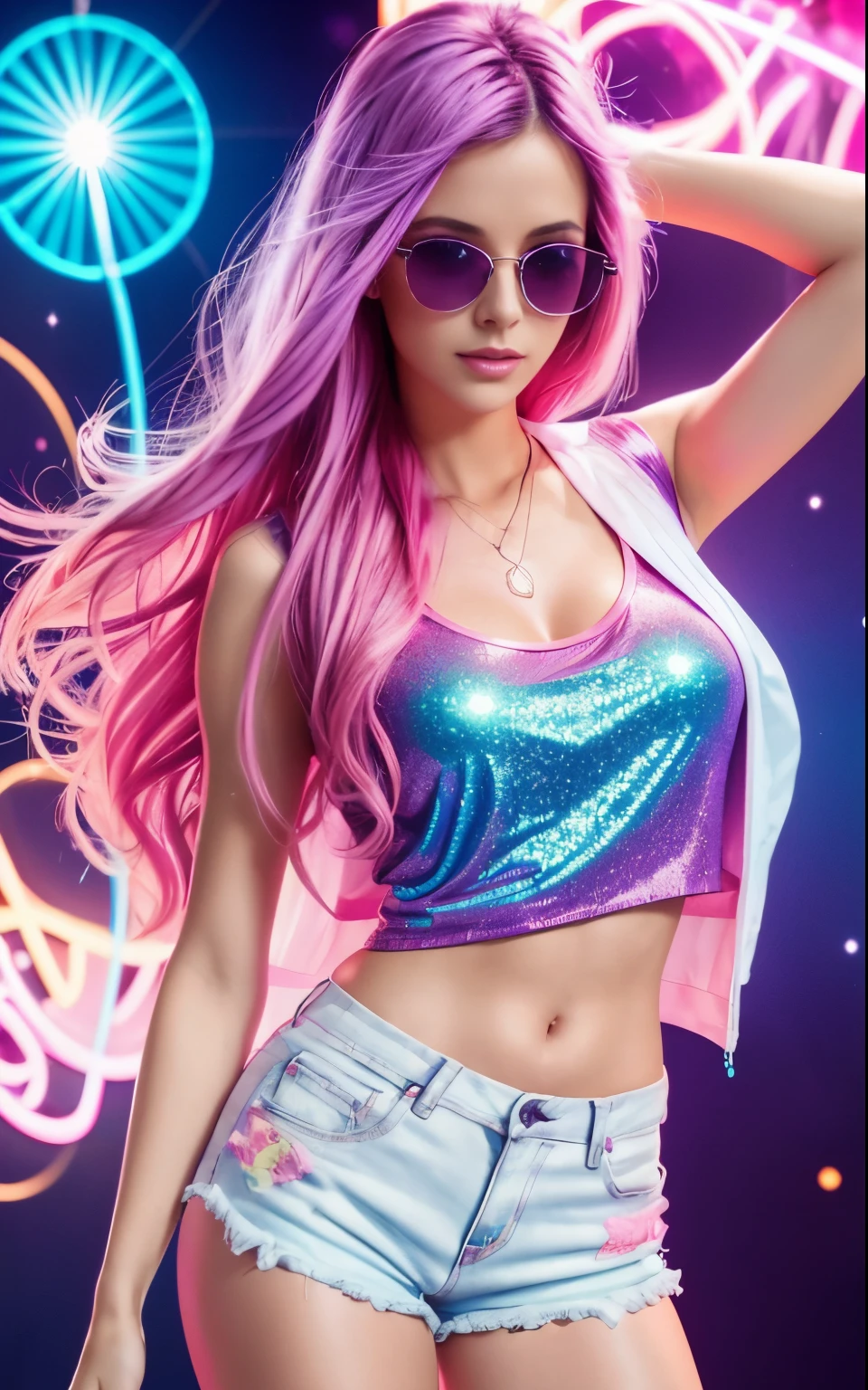 beautiful 30 years old woman's body in sunglasses with purple frames and rose-colored glass illuminated by colored lights photorealistic background bright colors Luminous neon pink and neon blue glitter dust background with pink and blue smoke vaporblond hair, blue eyes,long hair,ripped shorts,white shirt,