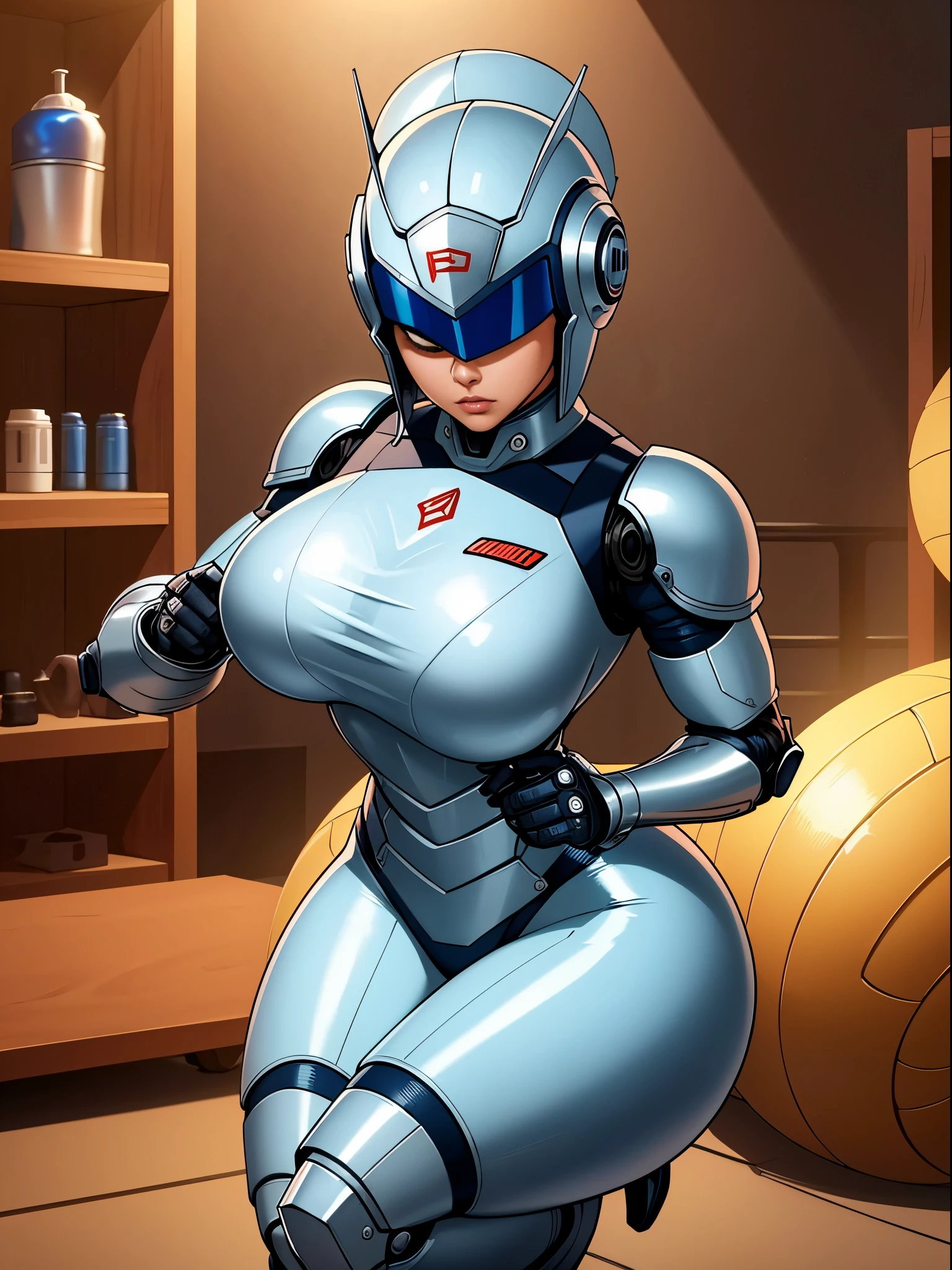 RoboCop Feminino、Armadura que cobre completamente todo o corpo、armadura peitoral muito grande em forma de peito,,,,,、seios enormes、Capacete para esconder os olhos、Armadura azul-prata brilhante、Armadura que cobre completamente o peito、Pernas finas e longas、Poses vibrantes、full body view、Pose pronto para lutar