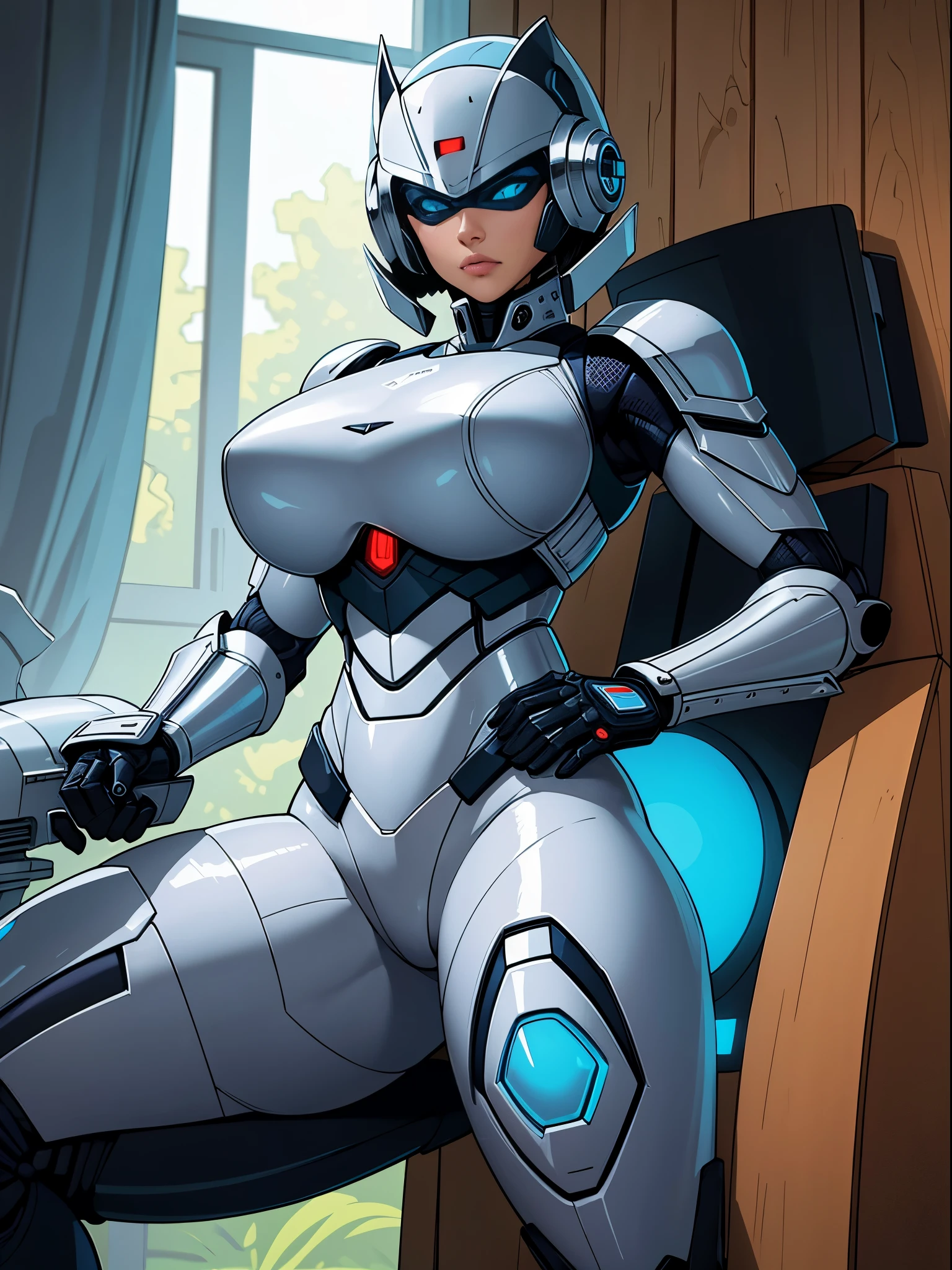 RoboCop Feminino、Armadura que cobre completamente todo o corpo、armadura peitoral muito grande em forma de peito,,,,,、seios enormes、Capacete para esconder os olhos、Armadura azul-prata brilhante、Armadura que cobre completamente o peito、Pernas finas e longas、Poses vibrantes、full body view、Pose pronto para lutar