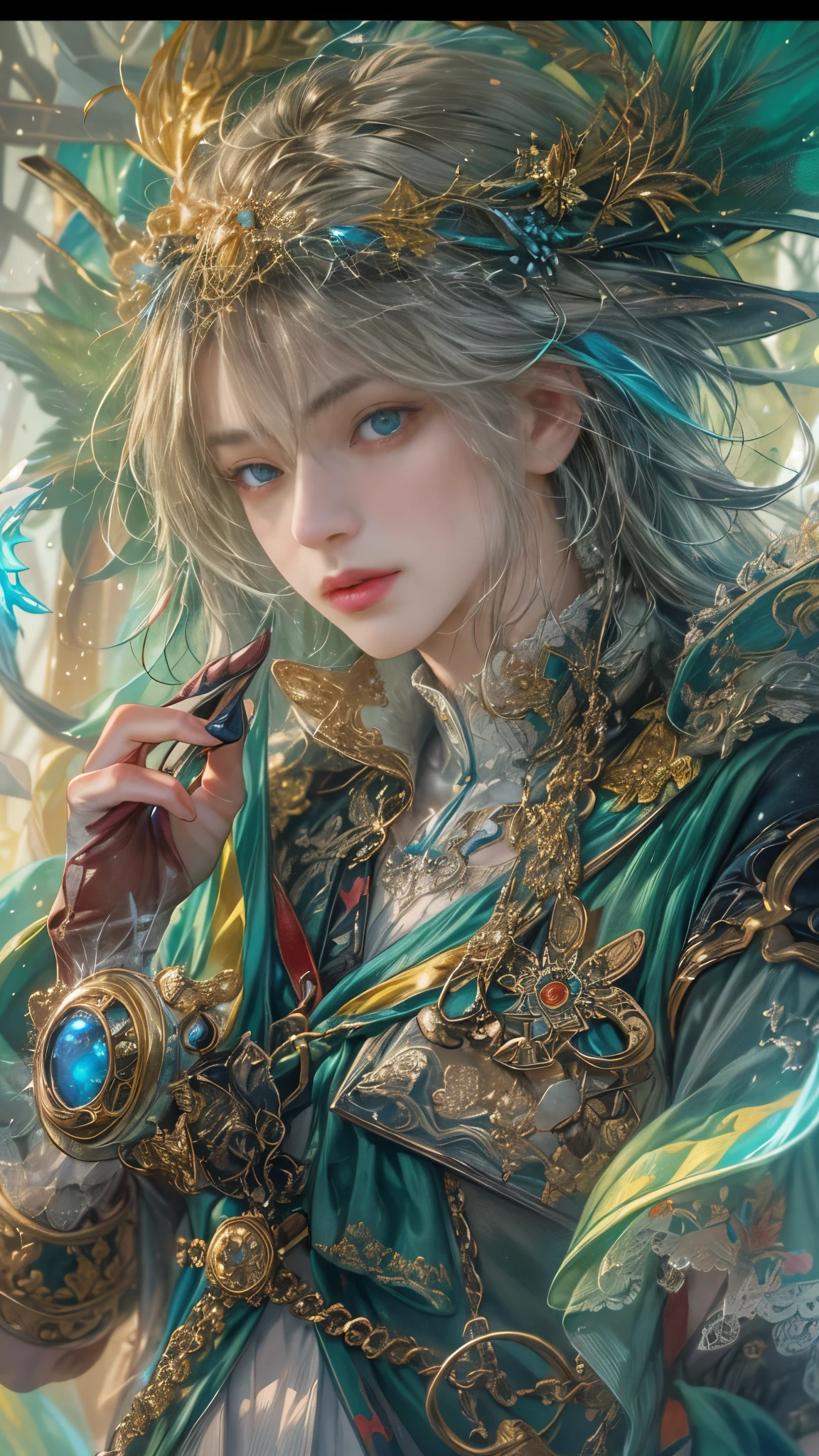 absurdres, highres, ultra detailed, HDR), masterpiece, Intricate details,best quality close-up picture of a character from Tales of the rays, handsome adult boy in tim burton style, anime eyes, Hero Outfit, in a legend of mana style of interior home design, detailed interiors, cemetery scenery, detailed character, art kenouji